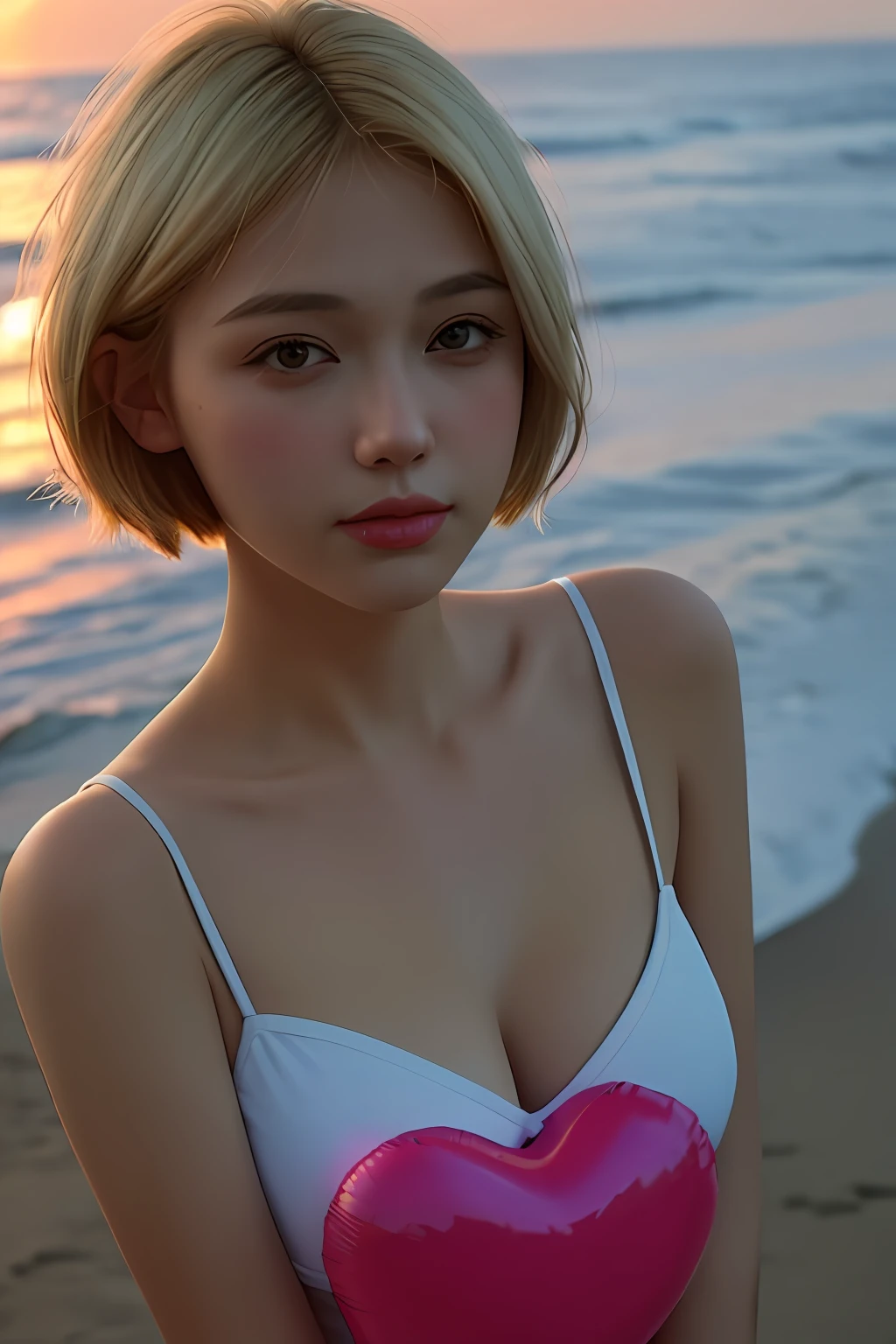 a photo of girls  with short blonde hair surrounded by heart balloons close up amazing highly detailed photo, at the beach, sunset, Hazel eyes