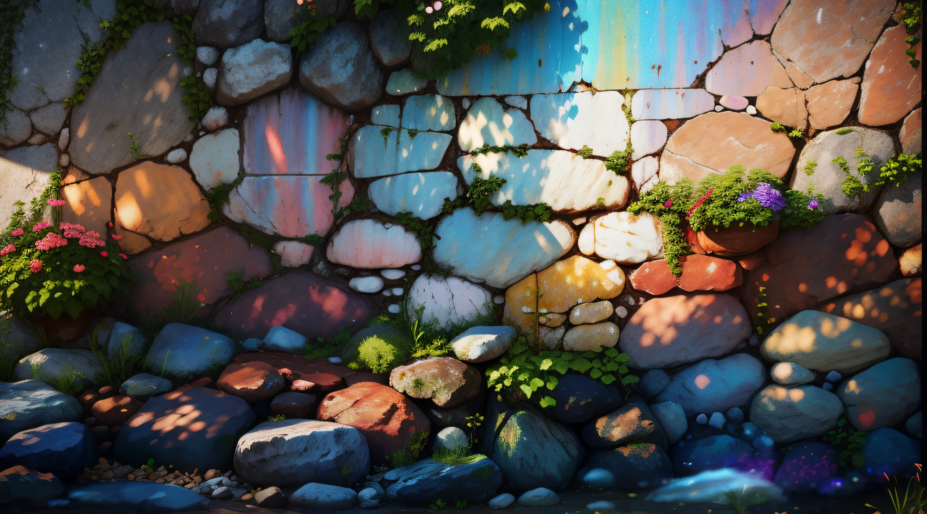 Rainbow-colored stone wall