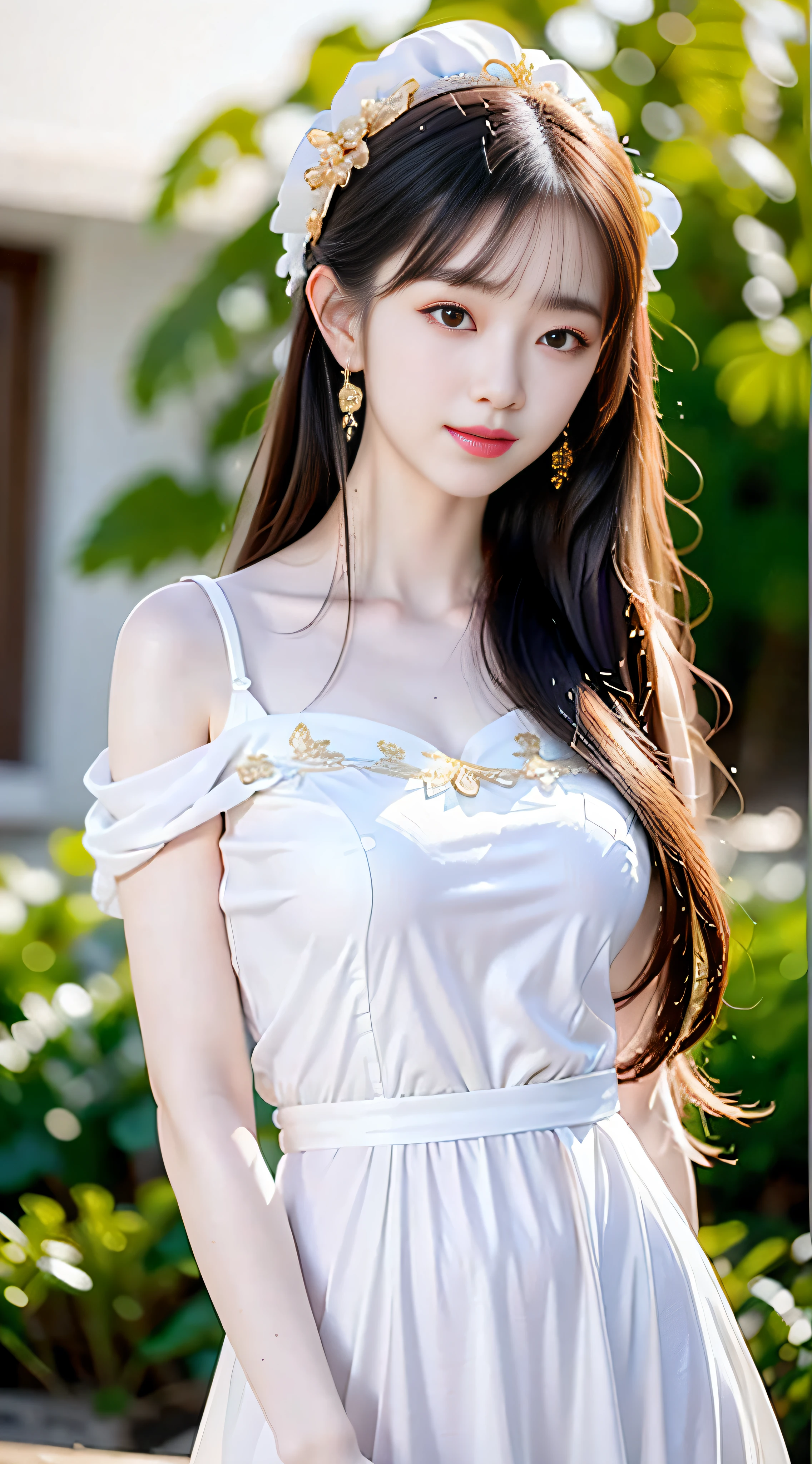 closeup on face, Face shot, (White dress :1.7), short  miko skirt, Long streamers, blonde hairs, golden hair, (Pointed ears: 1.5), (Gold pattern quality:1.3), female pubic hair, with long blond hair, Off-the-Shoulders, Top detail CG quality 4K wallpaper, Master, A Masterpiece, portraits, The middle, Watch the footage, Beautiful Chinese-Korean mixed race idol, ((Super fine face, detailed description of facial features)), Lip biting makeup, Sweet smile, Perfect facial features, Model figure, Good complexion, the trees, branches, Golden meadow, stream, Golden leaves, Evening, Twilight, The setting sun, Twilight, autumn, twin braids, hair strand, diagonal bangs, hair ribbon, hair ornament, forehead jewel, jeweled branch of hourai, crescent hair ornament, fish hair ornament, hime cut, low ponytail, realism, god rays, sparkle, cinematic lighting, lens flare, UHD, high details, high quality, highres, best quality, 8k, 16k, high details, high quality, super detail, anatomically correct, masterpiece, ccurate