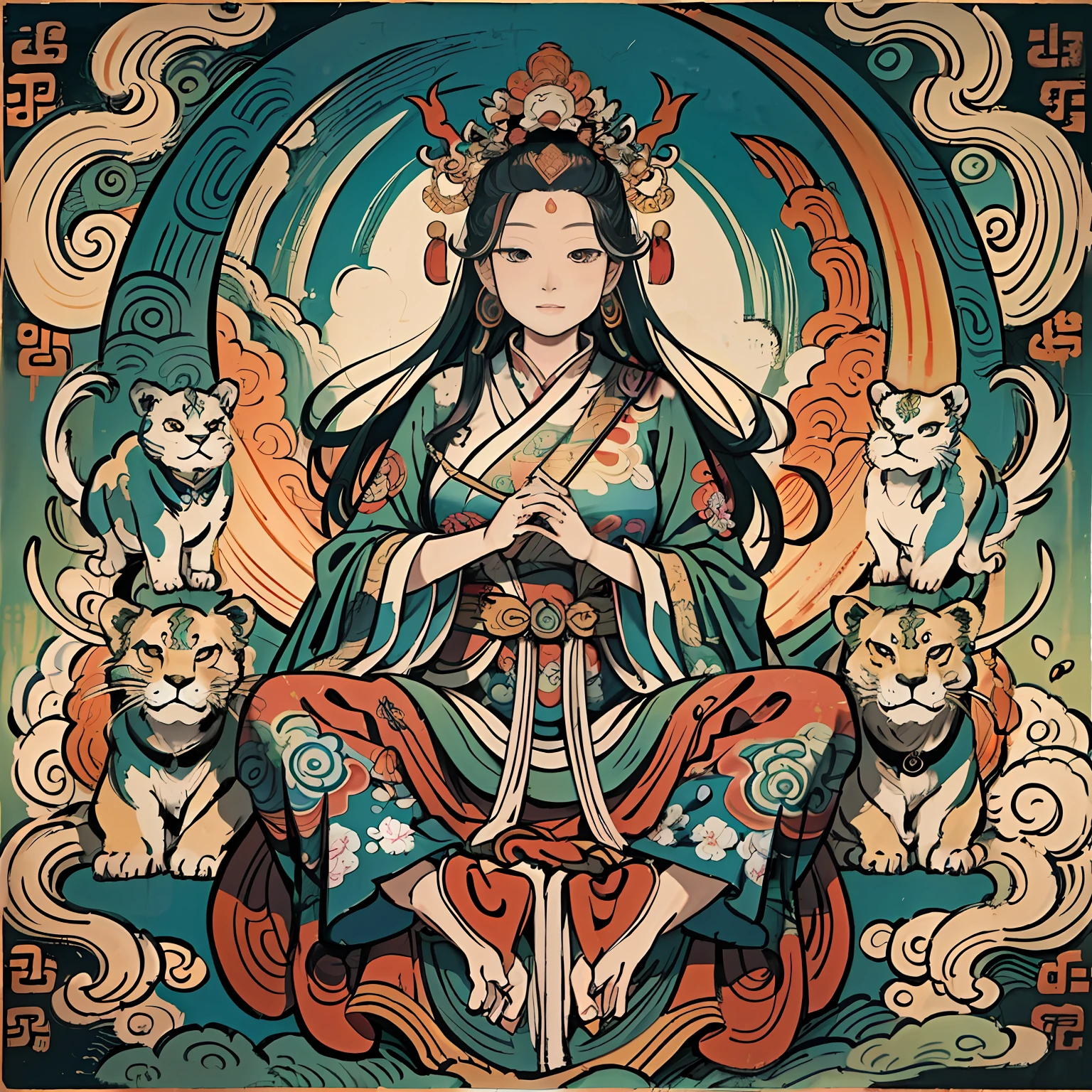 an ancient Chinese goddess, guanyin of the southern seas, Guanyin, Inspired by India, Avalokiteshvara rides a lion,,Serene expression,shui mo hua,Buddha,Buddhist,Lotus,Chinese painting style,Thangka style