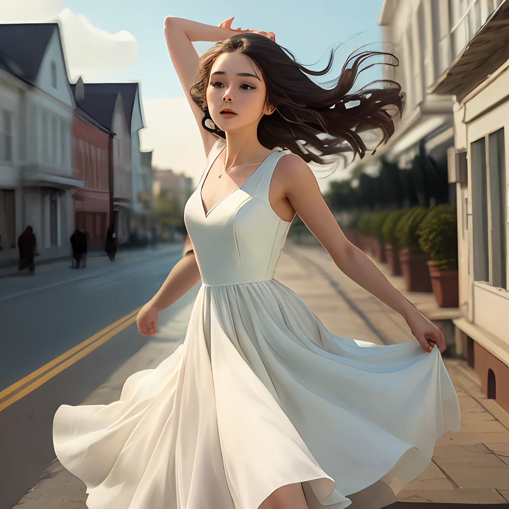 The girl in the white dress danced in the wind