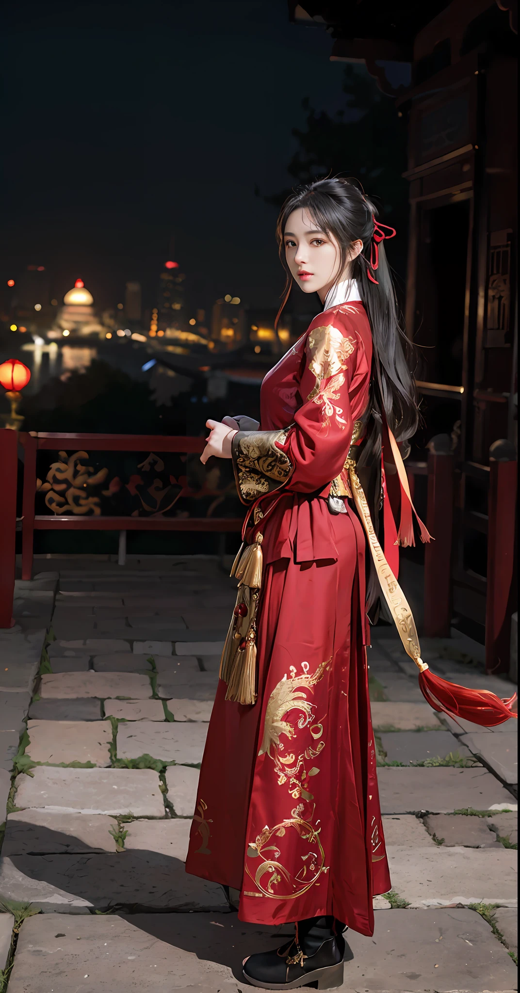 feiyu_clothes， red-fabric， gold embroidery， Gold embroidered black bracer， high ponytails， depth of fields， night cityscape， 1girl， ulzzang-6500v1.1， （Original： 1.2）， （Realistis： 1.3） ， beautiful girl with beautiful details， extremelydetailedeyesandface， eyes with beautiful details， absurderes， Incredibly Ridiculous res， hugefilesize， hyper-detailing， A high resolution， ultra - detailed， best qualtiy， tmasterpiece， illustration， Ultra detailed and beautiful， ultra - detailed， CG， Solidarity， 8k 壁纸， astounding， finedetail， tmasterpiece， top-quality， offcial art， Extremely detailed CG unity 8k wallpaper， cinmatic lighting， （Perfect shiny skin：0.6）， Slim and smooth lines， （floatking）， （little breast：1）， 耳Nipple Ring ， tmasterpiece， Best quality at best，Full body photo，