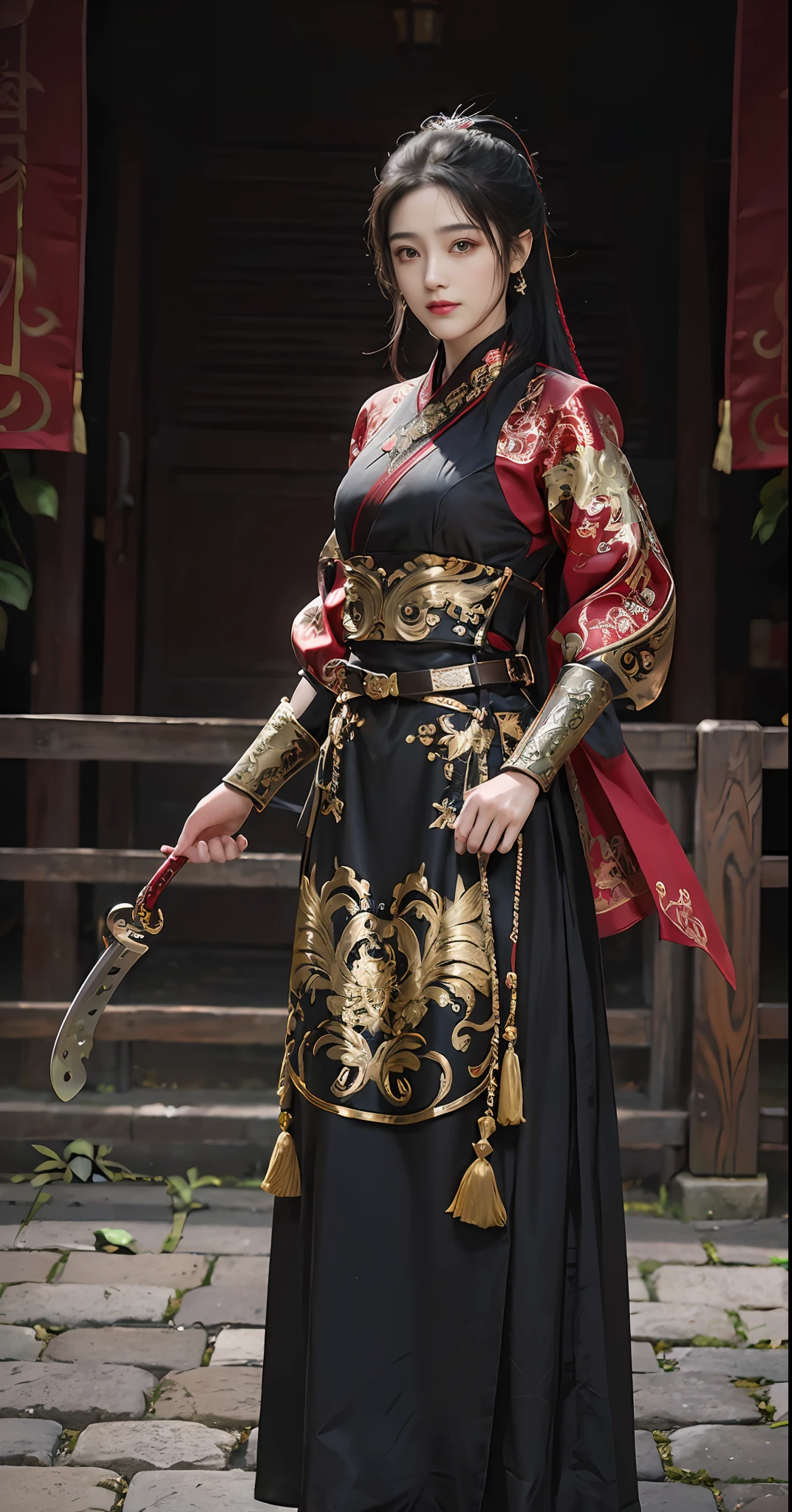 feiyu_clothes， red-fabric， gold embroidery， Gold embroidered black bracer， high ponytails， depth of fields， night cityscape， 1girl， ulzzang-6500v1.1， （Original： 1.2）， （Realistis： 1.3） ， beautiful girl with beautiful details， extremelydetailedeyesandface， eyes with beautiful details， absurderes， Incredibly Ridiculous res， hugefilesize， hyper-detailing， A high resolution， ultra - detailed， best qualtiy， tmasterpiece， illustration， Ultra detailed and beautiful， ultra - detailed， CG， Solidarity， 8k 壁纸， astounding， finedetail， tmasterpiece， top-quality， offcial art， Extremely detailed CG unity 8k wallpaper， cinmatic lighting， （Perfect shiny skin：0.6）， Slim and smooth lines， （floatking）， （little breast：1）， 耳Nipple Ring ， tmasterpiece， Best quality at best，Full body photo，