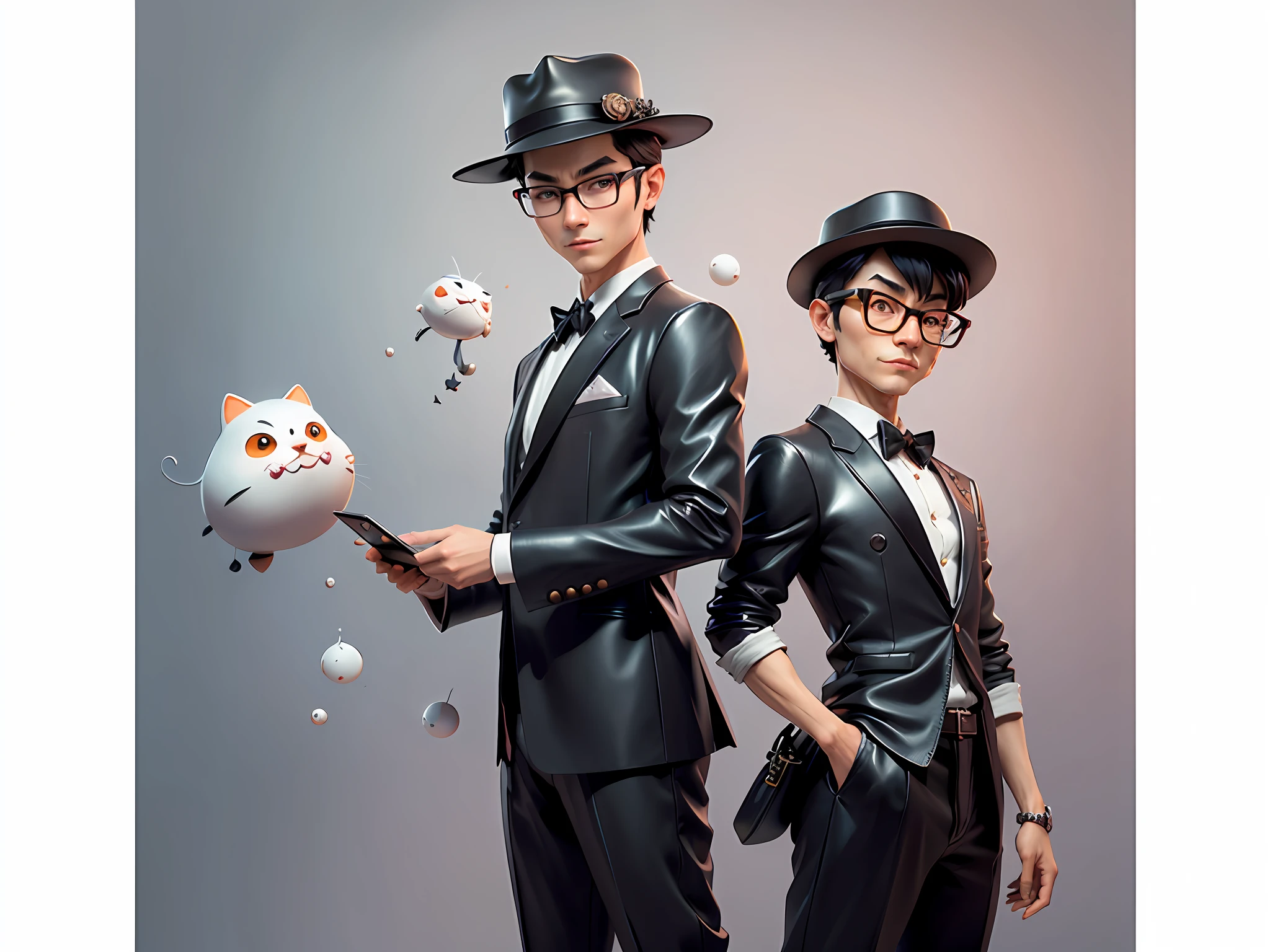 Young man with oriental face in leather hat, tiger, oriental face in formal suit, short black hair, silver glasses, digital painting, 3D character design by Mark Clairedon and Pixar and Hayao Miyazaki and Akira Toriyama, the illustration is a high-definition illustration in 4K resolution with very detailed facial features and cartoon-style visuals.