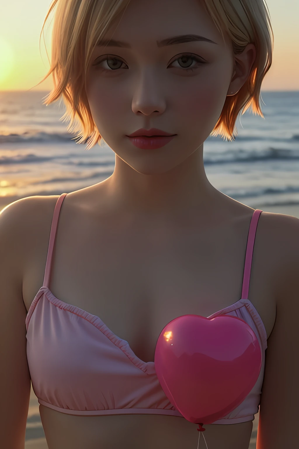 a photo of girls  with short blonde hair surrounded by heart balloons close up amazing highly detailed photo, at the beach, sunset, Hazel eyes