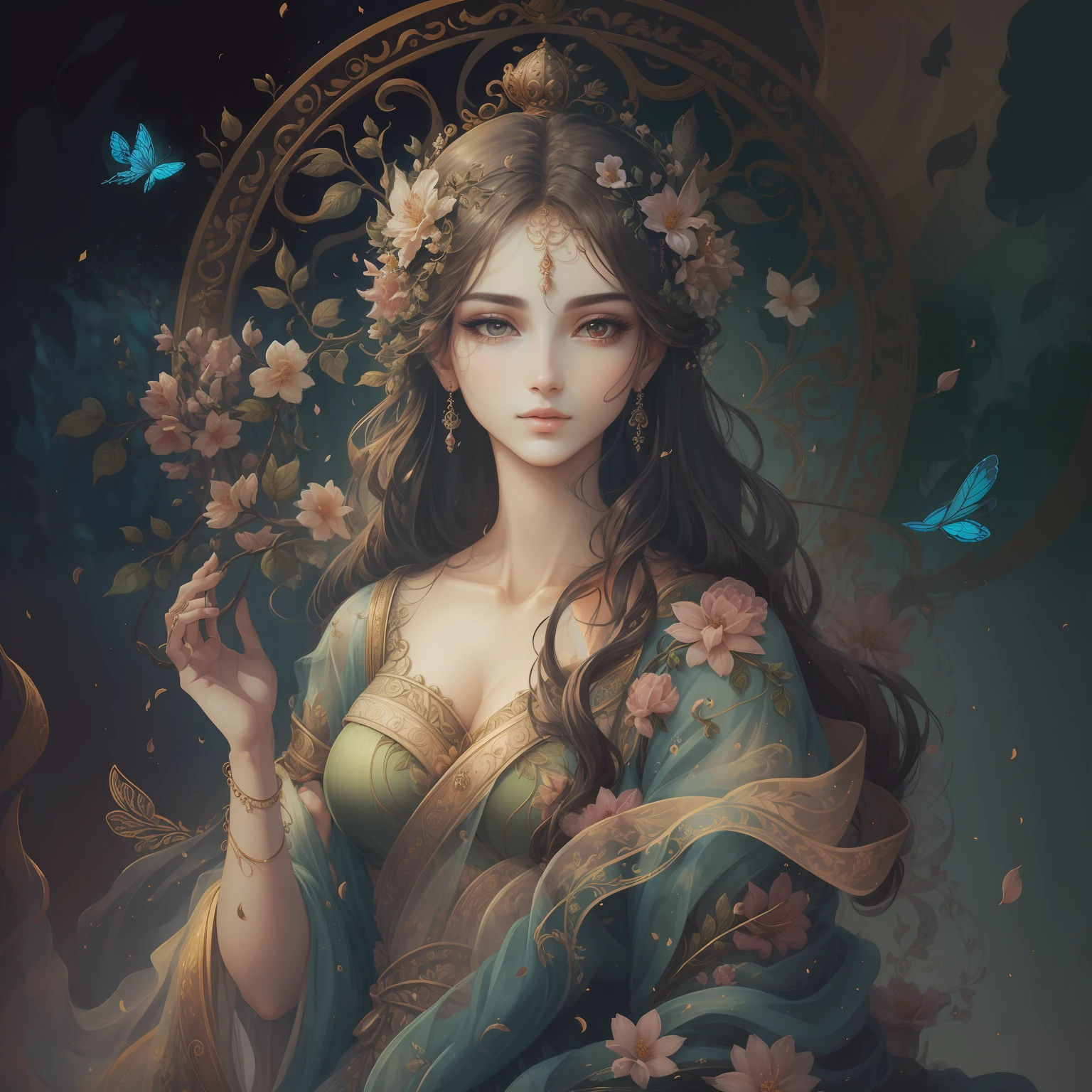 classical aesthetics，Beautiful and meticulous portrayal，High-definition detail，Ancient beauty，The posture is natural，The details stand out，Flowers, vines, butterflys，lovely lips，Revel in the eyes，Flowing, Smooth hair，Beautiful face，Ink painting effect，Natural light