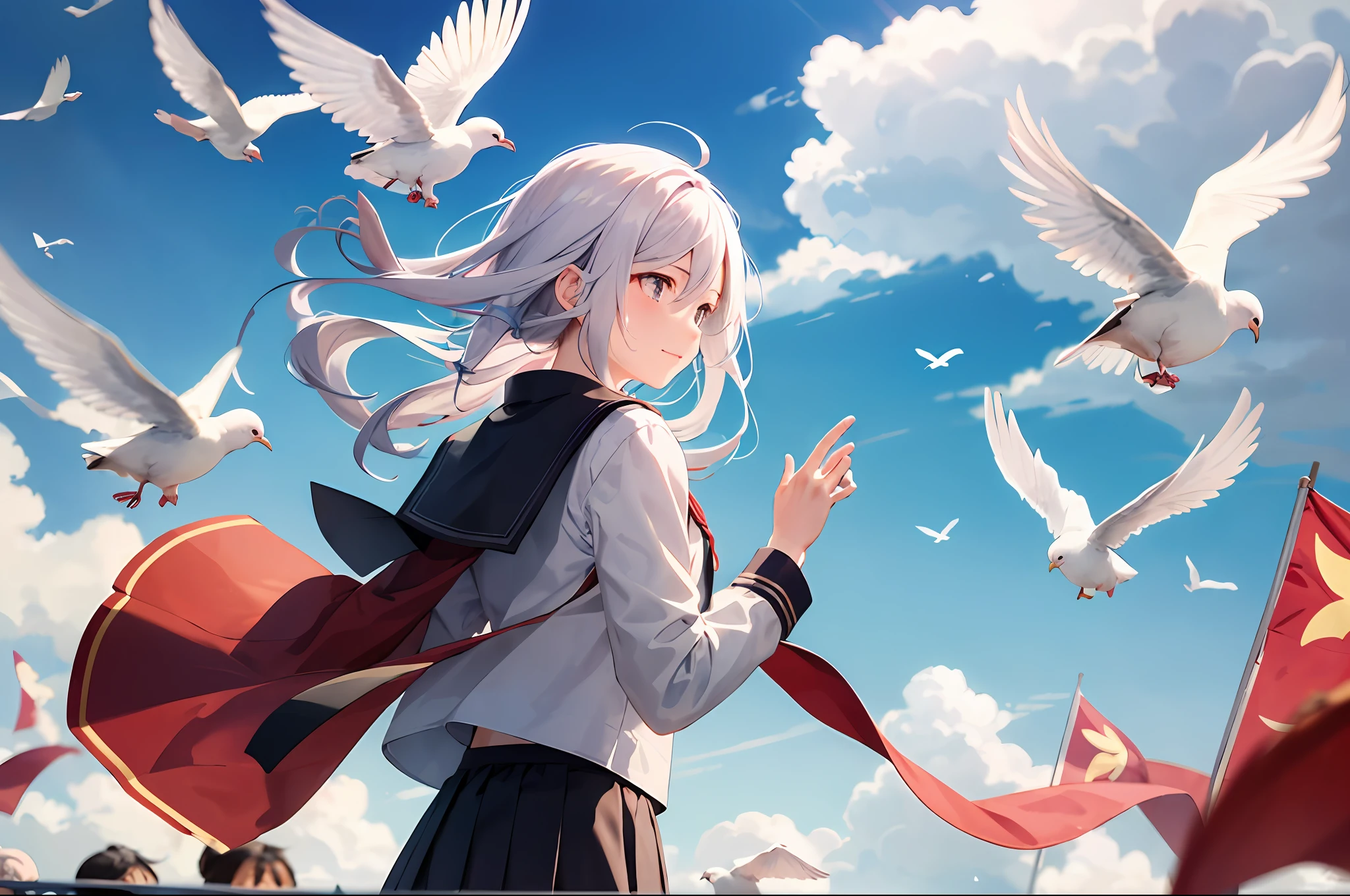 visual novel,A student,Chinese school uniform,with blue sky and white clouds,Flying red flags,Hair flutters in the wind,looking at the distance,proud expression,Face facing the picture,white dove flying,Tiananmen