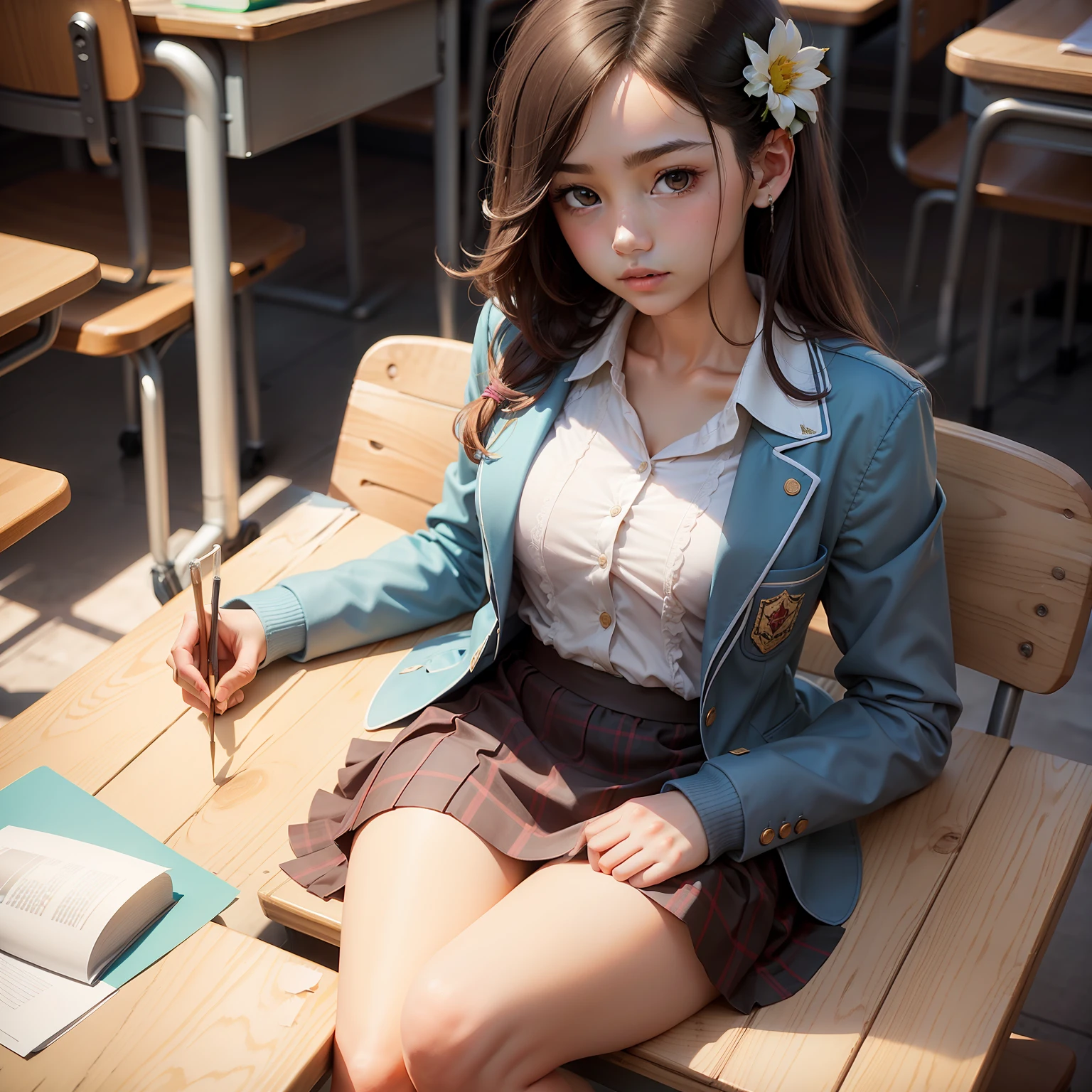 A beautiful school flower dressed in cool clothes is at the same table