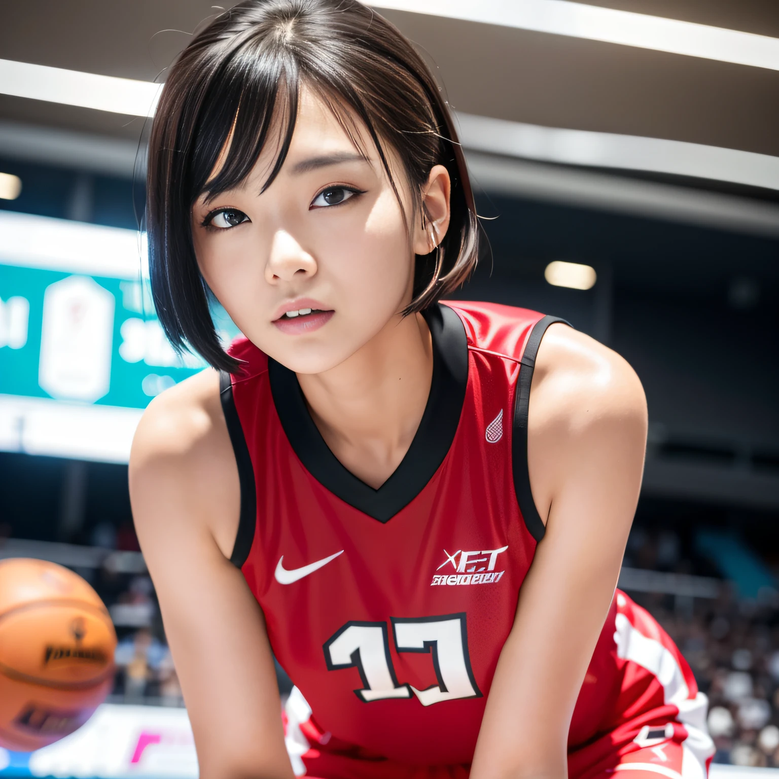 （8K分辨率，half-body photo，photorealestic），（1 female，19years old，（Facial fidelity：Haruko Akagi：1.4，Face with thin bones，s delicate face），com rosto detalhado，（Light makeup），Beautiful face，com rosto detalhado，详细的脸，Ultra-fine makeup，Black colored eyes，（Look into the camera），Short hair micro-curls，（Windswept hair，Messy has layers），Redlip，Fair smooth skin，（Best Skin Type：1.21），mediuml breasts，（Classic Xiangbei basketball uniform，（Pattern：Number 10，Number 11），Basketball heels），Tall and tall，Sweat after training，perfect hand，Perfect gripping position，Perfect posture，Ultra-fine clothing material），（Daily training posing，Exquisite details of the basketball court，（Arena view，Breaks，Intermission，The crowd on the sidelines）），（expressioness：self-assured，exhilarated，Determination），（Light assist，profesional lighting），（colours：White or red）），（Golden section，Cinema lenses，Hasselblad photograp，tmasterpiece：1.3），（Cold sexy，Athletes，Sporty style，Artis，Official propaganda）