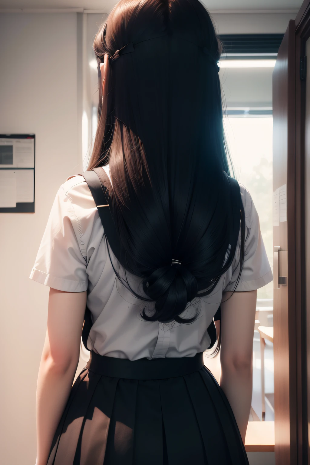 Real Human，schoolgirls，photorealestic，long whitr hair，whiteskin，Back，Wallpaper phone，4K，ultraclear