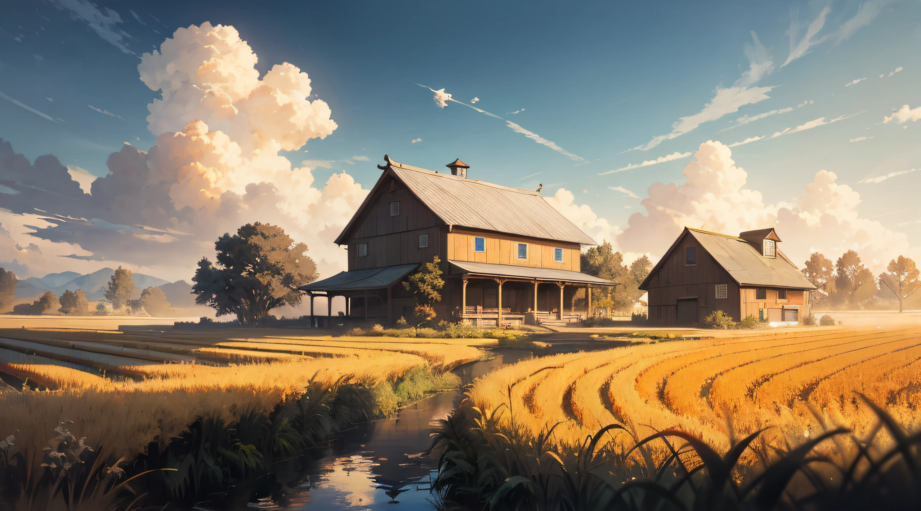 One in Ponzzi、Dima Dmitriev、Joseph Kotter's style depicts rich rice paddies and piles of grain、farm house、Painting of a cow,Captivating emotional imagery,Sky blue and golden yellow,Chinese Mangseed custom scene,2d -ar 4:5 -niji 5