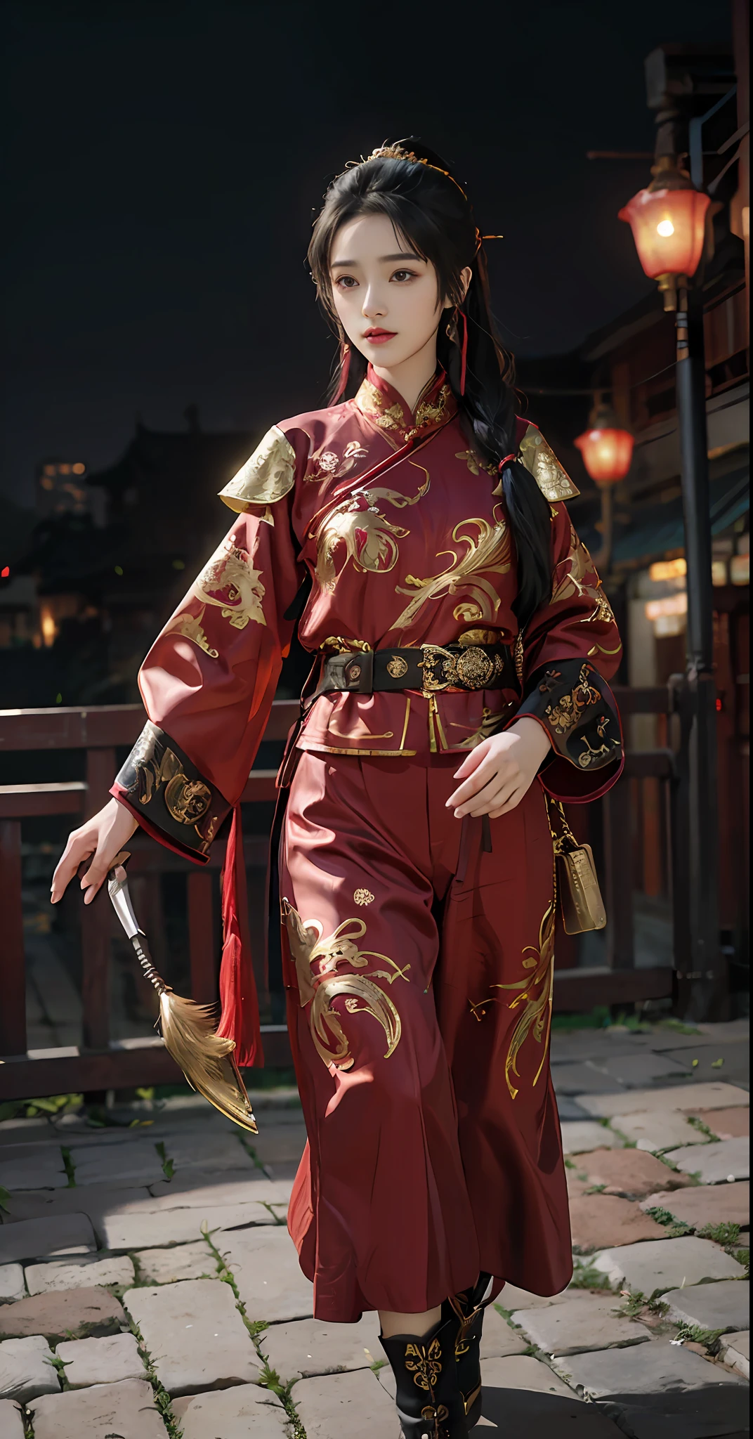 feiyu_clothes， red-fabric， gold embroidery， Gold embroidered black bracer， high ponytails， depth of fields， night cityscape， 1girl， ulzzang-6500v1.1， （Original： 1.2）， （Realistis： 1.3） ， beautiful girl with beautiful details， extremelydetailedeyesandface， eyes with beautiful details， absurderes， Incredibly Ridiculous res， hugefilesize， hyper-detailing， A high resolution， ultra - detailed， best qualtiy， tmasterpiece， illustration， Ultra detailed and beautiful， ultra - detailed， CG， Solidarity， 8k 壁纸， astounding， finedetail， tmasterpiece， top-quality， offcial art， Extremely detailed CG unity 8k wallpaper， cinmatic lighting， （Perfect shiny skin：0.6）， Slim and smooth lines， （floatking）， （little breast：1）， 耳Nipple Ring ， tmasterpiece， Best quality at best，Full body photo，