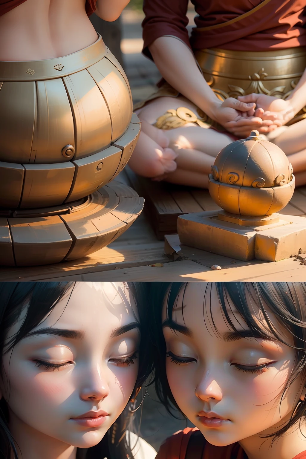 Please generate pictures of many people meditating together,There must be Buddhas and Bodhisattvas