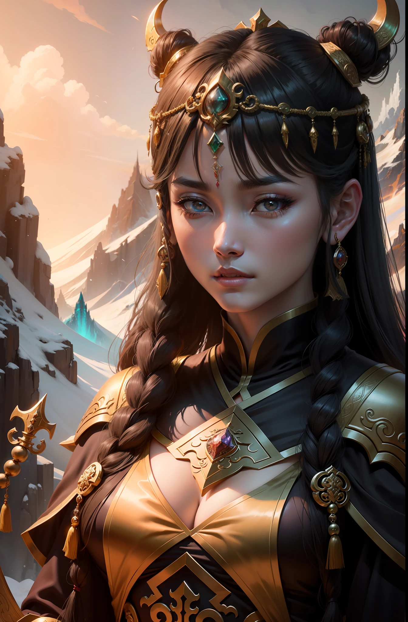 This is the goddess of the Jade Void Palace of Kunlun Mountain，Inspired by the list of gods，Myths and legends，Battle robe details，Chest details，Clothing details，Hairstyle details，The eyes are determined and murderous，k hd。