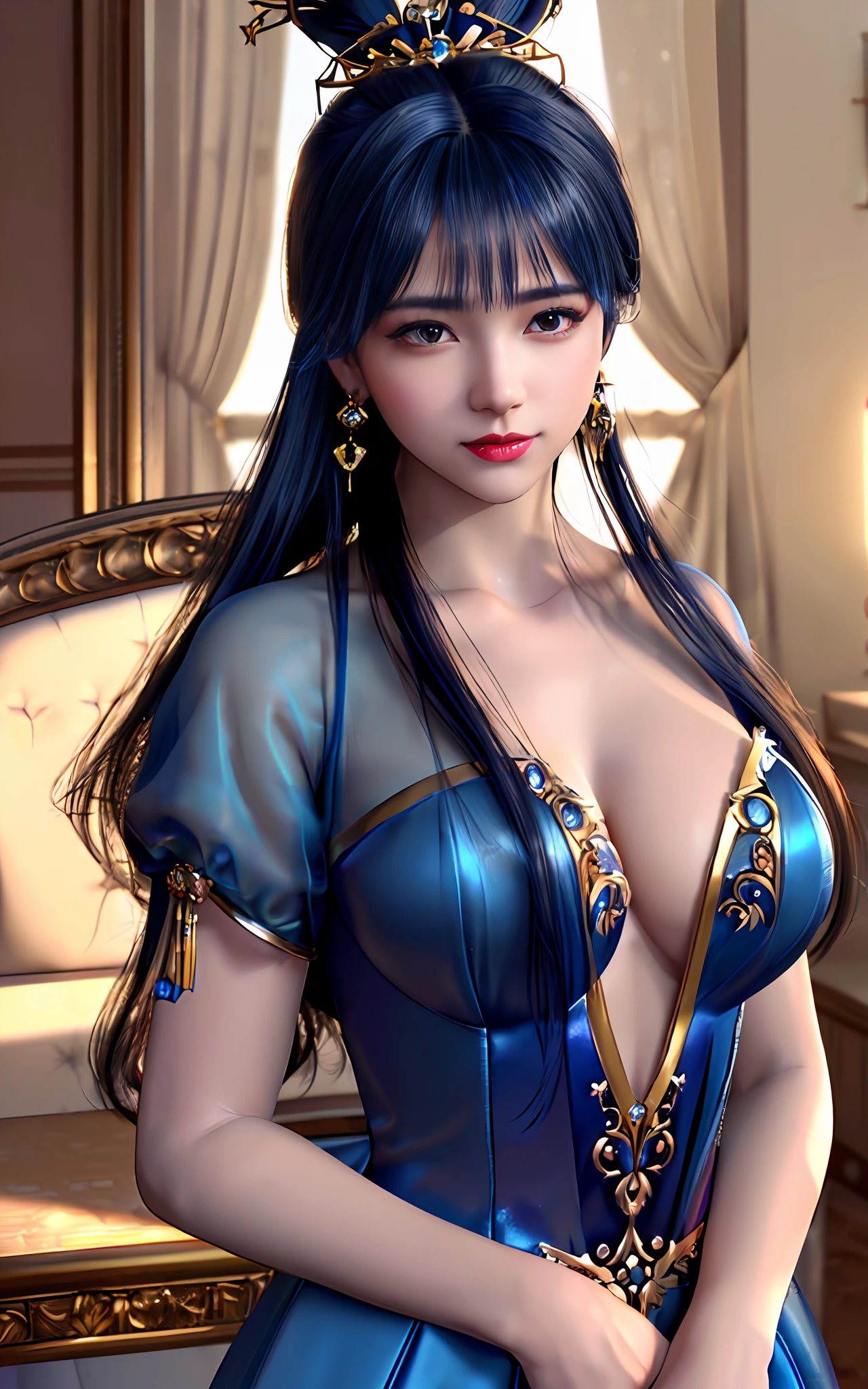 ((realisticity: 1.2)), ((best resolution: 8K UHD)), best quality,masterpiece,highres,cg,
((1 super detailed and super realistic girl)), ((very beautiful queen dazzling, super realistic, and super detailed)), long hair, ((super realistic and super detailed dress)), solo, ((super realistic, super beautiful, gorgeous and super detailed jewelry)), ((super beautiful, super realistic and super detailed dark blue and golden yellow dress)),
((super beautiful, super realistic, super detailed diamond filled earrings)),
((super beautiful, super realistic and super detailed diamond filled hair ornament)), ((super beautiful upper body, super beautiful, super realistic and super detailed)), ((big breasts: 2.5)),
((super grand, super realistic and super detailed royal palace backgroun))
((super beautiful, super beautiful, super realistic and super detailed hair bun)), ((super beautiful, super realistic and super detailed blue hair)),
candid, Photograph, high resolution, 8k,Bokeh,