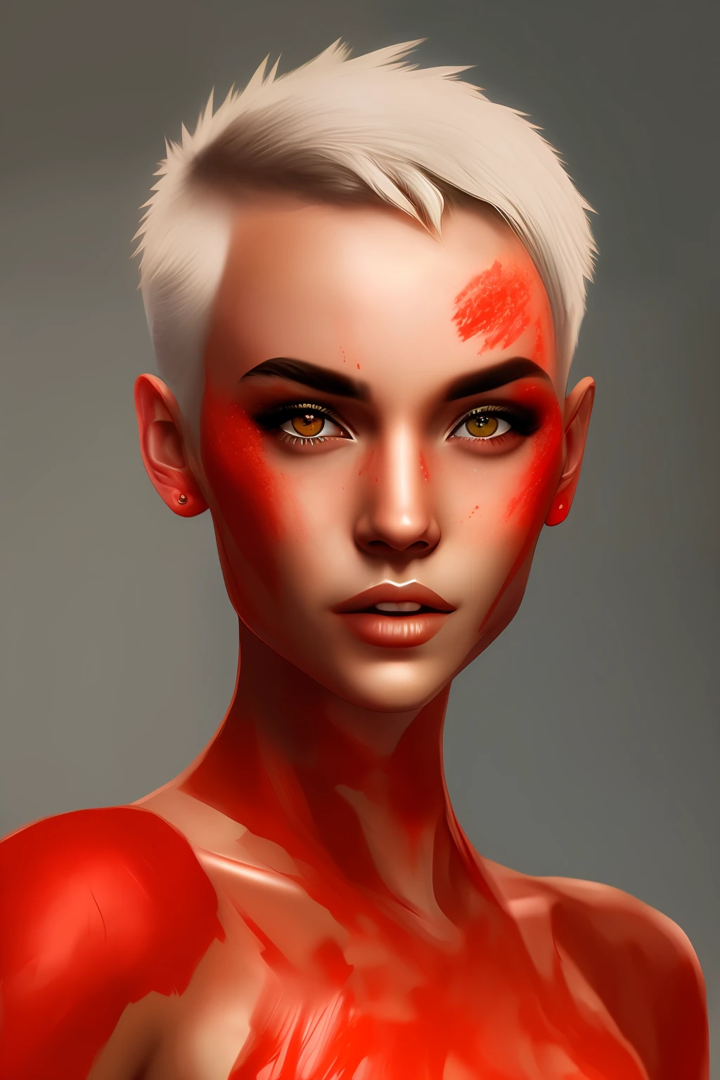 Dragon female short hair, naked, red face, realistic skin