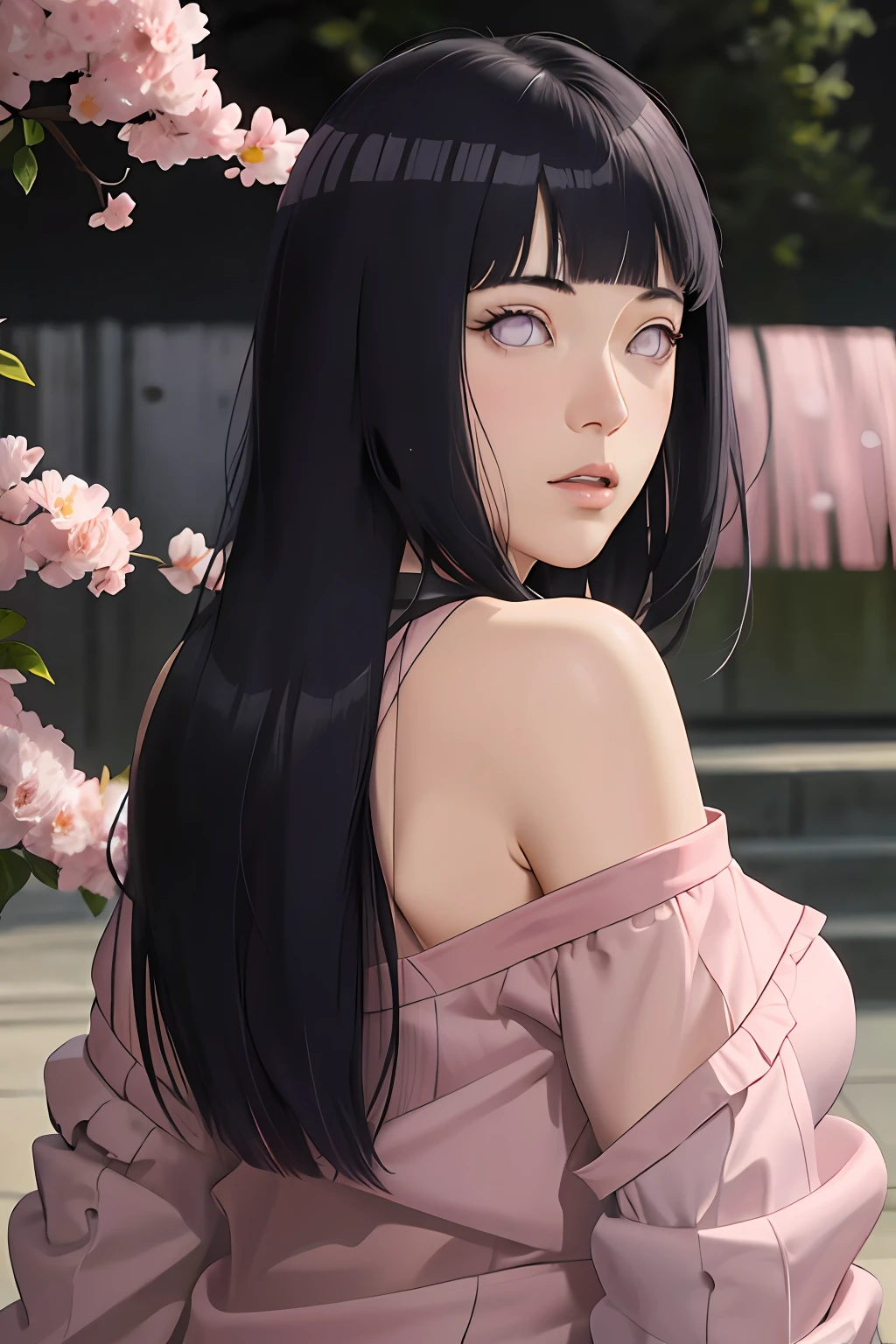 masterpiece, absurdres, hinata\(boruto\), 1girl, solo,mature female, off-shoulder oversized shirt, looking at viewer, (falling petals), perfect composition, detailed lips, big breast, beautiful face, body propotion, blush, (pink lips), long hair, purple eyes, soft gaze, super realistic, detailed, photoshoot, realistic face and body, back view