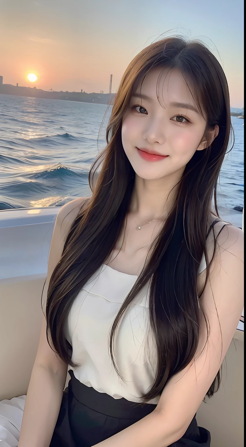 (1 Korean star with royal sister style), ((Best quality, 8K, 巨作: 1.3)), focal point: 1.2, Perfect body proportions: 1.4, (Make a smile), (Sunset: 1.3), Watery eyes, Highly Detailed Face and Skin Textur, Fine eyes, Double eyelids, Whitens the skin, (long whitr hair, Air bangs: 1.3), (Round face inches: 1.5), (Chiffon skirt 1.4), (Sketch 1:2,) (On a yacht at sea,The whole picture of the yacht,Half-sitting,baiyun,suns,The scenery is exceptionally beautiful)looking down on the camera