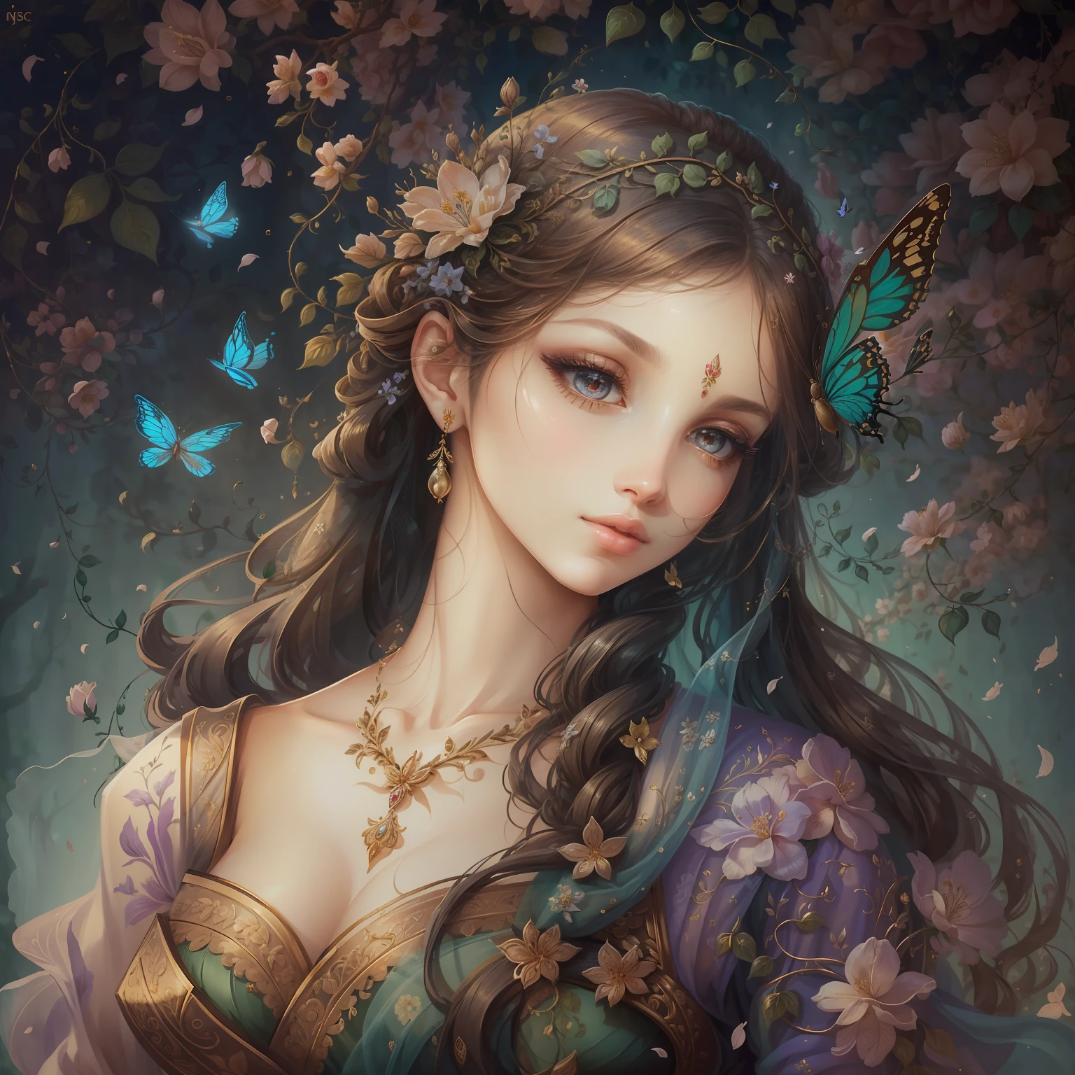 classical aesthetics,Beautiful and meticulous portrayal,High-definition detail,Ancient beauty,The posture is natural,The details stand out,Flowers, vines, butterflys,lovely lips,Revel in the eyes,Flowing, Smooth hair,Beautiful face,Ink painting effect,Natural light
