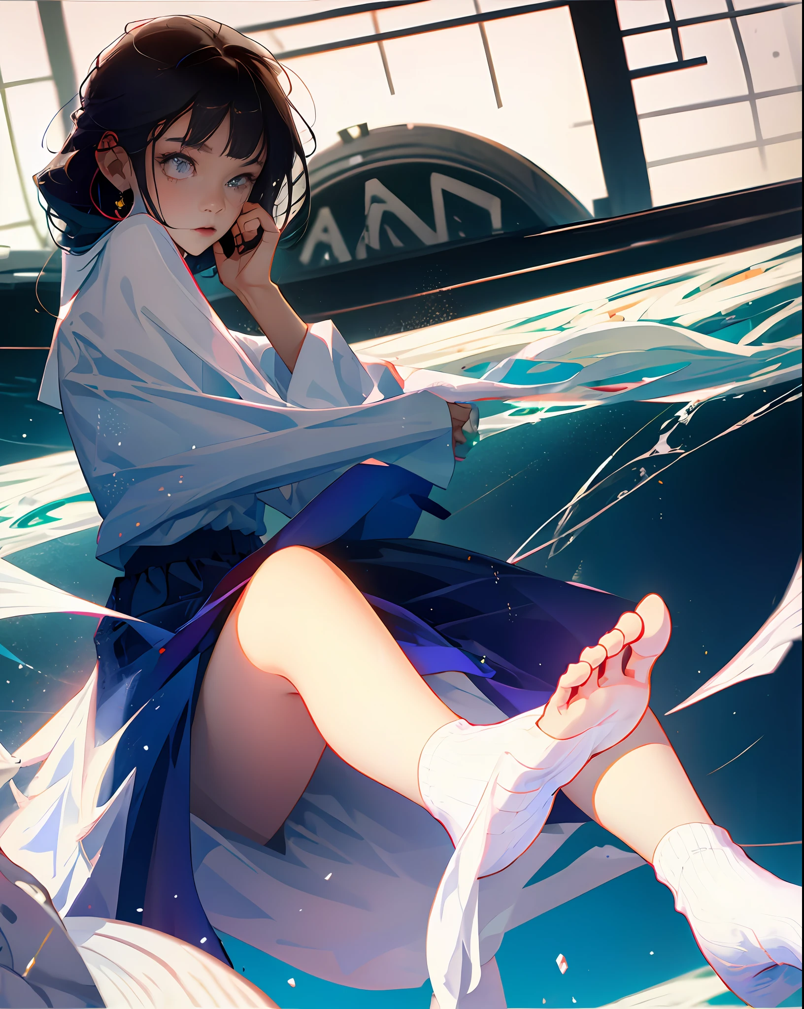 schoolgirls，Cold white skin，expose feet，white legwear，Raised sexy