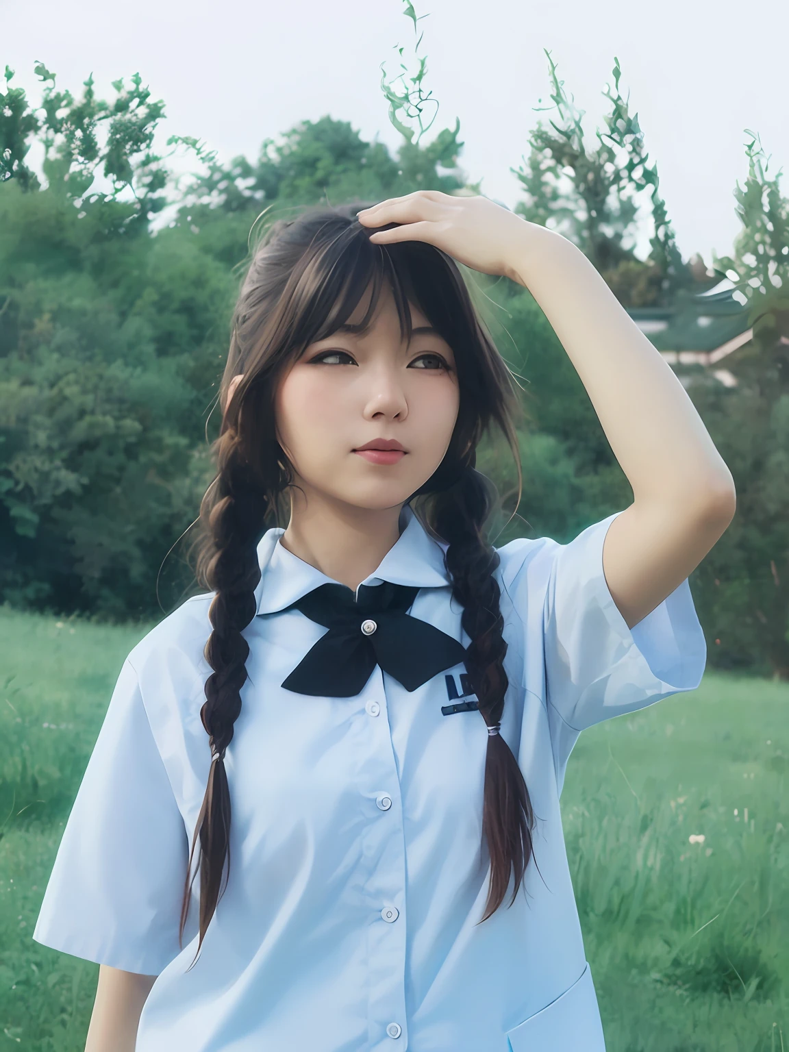 There was a woman standing in the field wearing a tie, seifuku, wearing a Japanese school uniform, girl in uniform, in school uniform, japanese girl school uniform, Japanese school uniform, in school uniform, chiho, ulzzangs, Surrealism female students, sakimichan, shikamimi, with black pigtails, JK school uniform