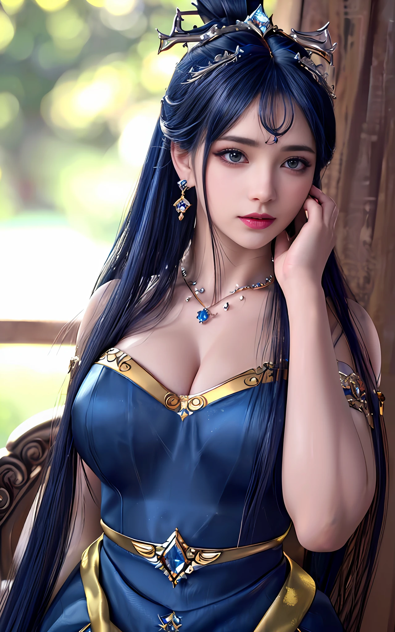 ((realisticity: 1.2)), ((best resolution: 8K UHD)), best quality,masterpiece,highres,cg,
((1 super detailed and super realistic girl)), ((very beautiful queen dazzling, super realistic, and super detailed)), long hair, ((super realistic and super detailed dress)), solo, ((super realistic, super beautiful, gorgeous and super detailed jewelry)), ((super beautiful, super realistic and super detailed dark blue and golden yellow dress)),
((super beautiful, super realistic, super detailed diamond filled earrings)),
((super beautiful, super realistic and super detailed diamond filled hair ornament)), ((super beautiful upper body, super beautiful, super realistic and super detailed)), ((big breasts: 2.5)),
((super grand, super realistic and super detailed royal palace backgroun))
((super beautiful, super beautiful, super realistic and super detailed hair bun)), ((super beautiful, super realistic and super detailed blue hair)),
candid, Photograph, high resolution, 8k,Bokeh,