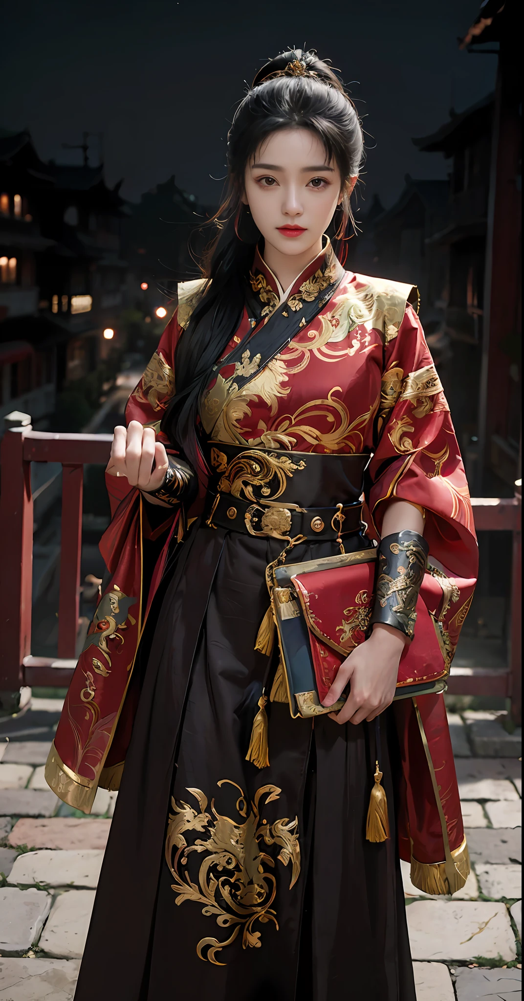 feiyu_clothes， red-fabric， gold embroidery， Gold embroidered black bracer， high ponytails， depth of fields， night cityscape， 1girl， ulzzang-6500v1.1， （Original： 1.2）， （Realistis： 1.3） ， beautiful girl with beautiful details， extremelydetailedeyesandface， eyes with beautiful details， absurderes， Incredibly Ridiculous res， hugefilesize， hyper-detailing， A high resolution， ultra - detailed， best qualtiy， tmasterpiece， illustration， Ultra detailed and beautiful， ultra - detailed， CG， Solidarity， 8k 壁纸， astounding， finedetail， tmasterpiece， top-quality， offcial art， Extremely detailed CG unity 8k wallpaper， cinmatic lighting， （Perfect shiny skin：0.6）， Slim and smooth lines， （floatking）， （little breast：1）， 耳Nipple Ring ， tmasterpiece， Best quality at best，Full body photo，