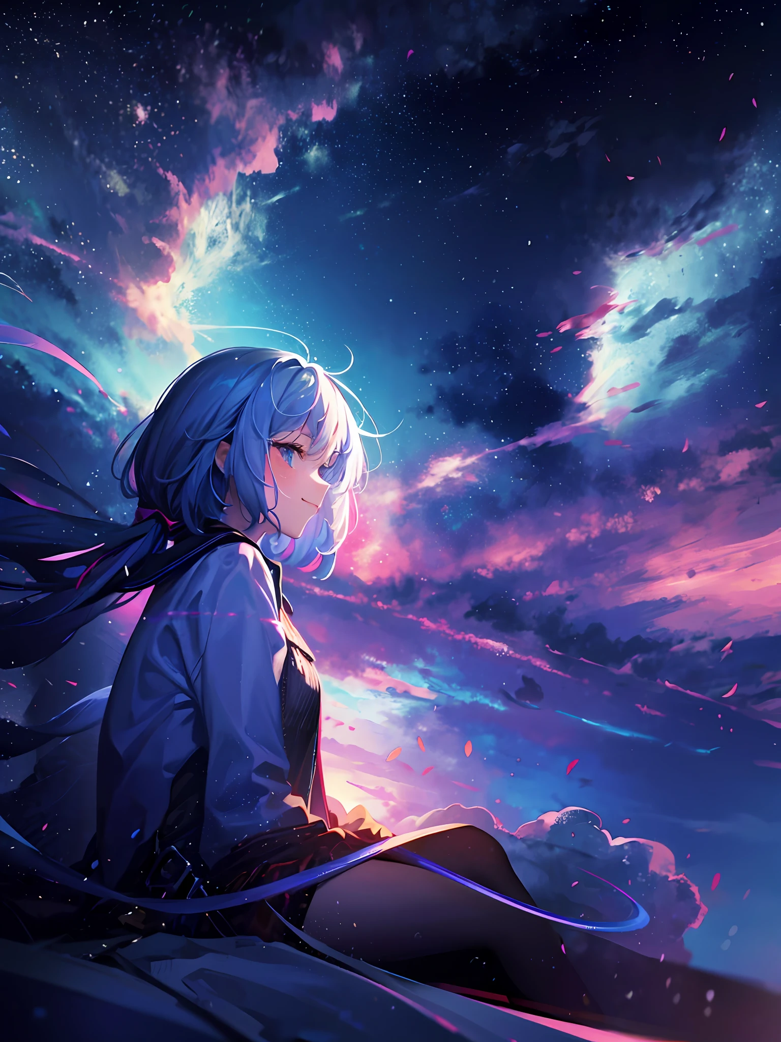 Girl, cloud, colorful, cool, masterpiece, sit, from side, sideways, smile, starry, stars