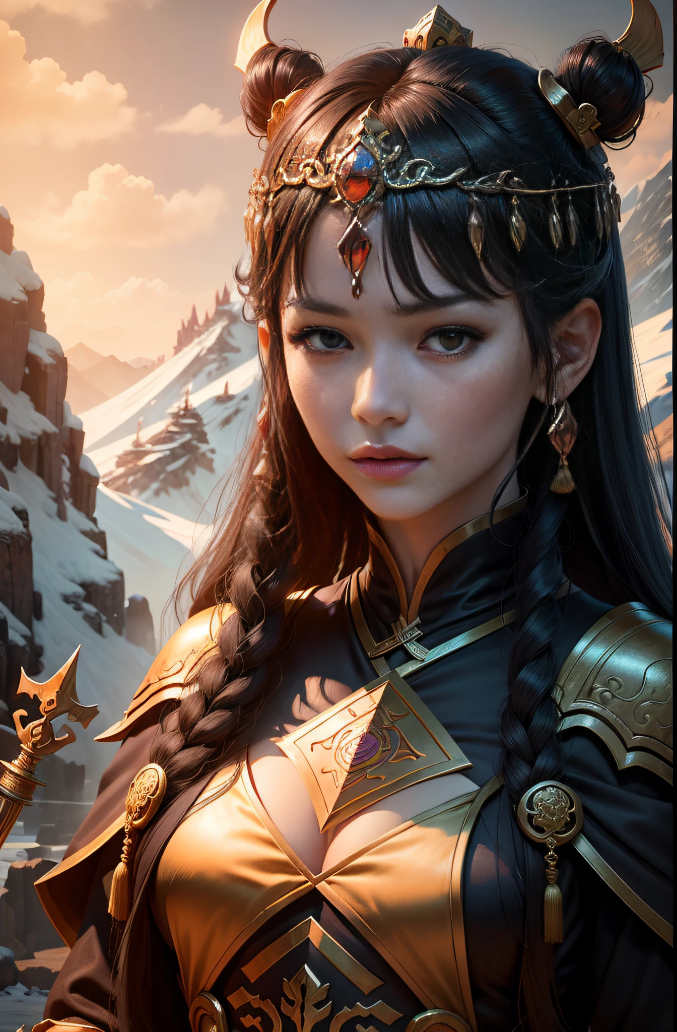 This is the goddess of war of the Jade Void Palace of Kunlun Mountain,the detail,Chest details,detail in face,k hd。