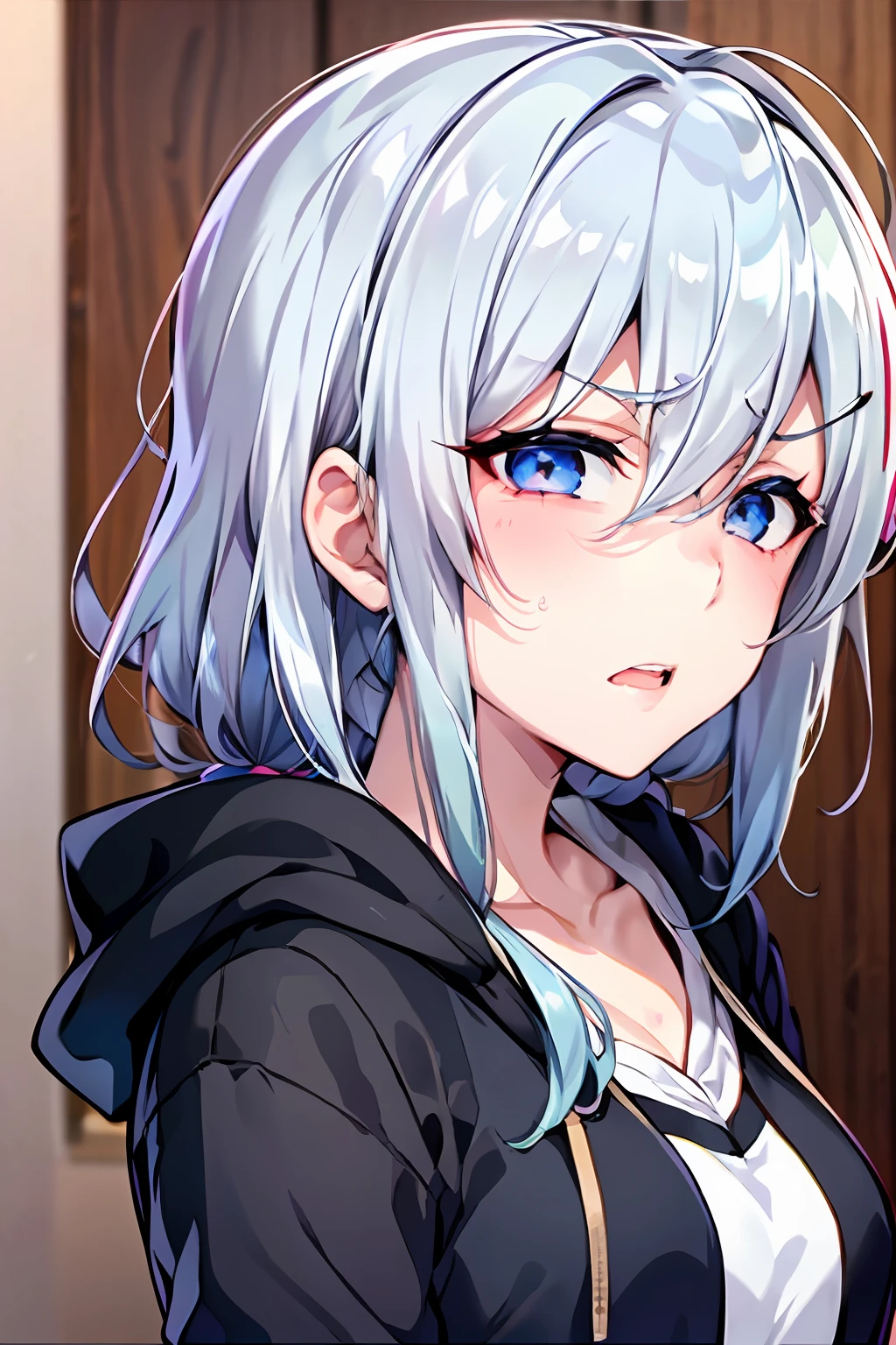 Yukino, Silver hair and  eyes in a black hoodie, anime visual of a cute girl, screenshot from the anime film, & her expression is solemn, ahegao face, in the anime film, in an anime, anime visual of a young woman, she has a cute expressive face, still from anime