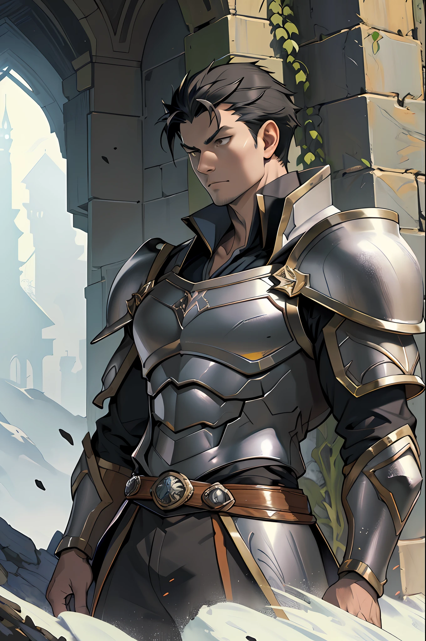 Portrait of a man, 1boy, Solo, Stand quietly, Heroes, A hero never seen before, jawline, Male, Epic, Handsome, prince, warrior, Silver armor, hyperdetailed 3d matte painting, cinemascope panoramic, awe inspiring, landscape, Natural skin texture, Sharp focus, ((Cinematic look)), insanely details, Intricate details, greg rutkovsky、Works of art by Caravaggio and Alphonse Mucha, analogue style, Castle, inside castle, Calm environment,