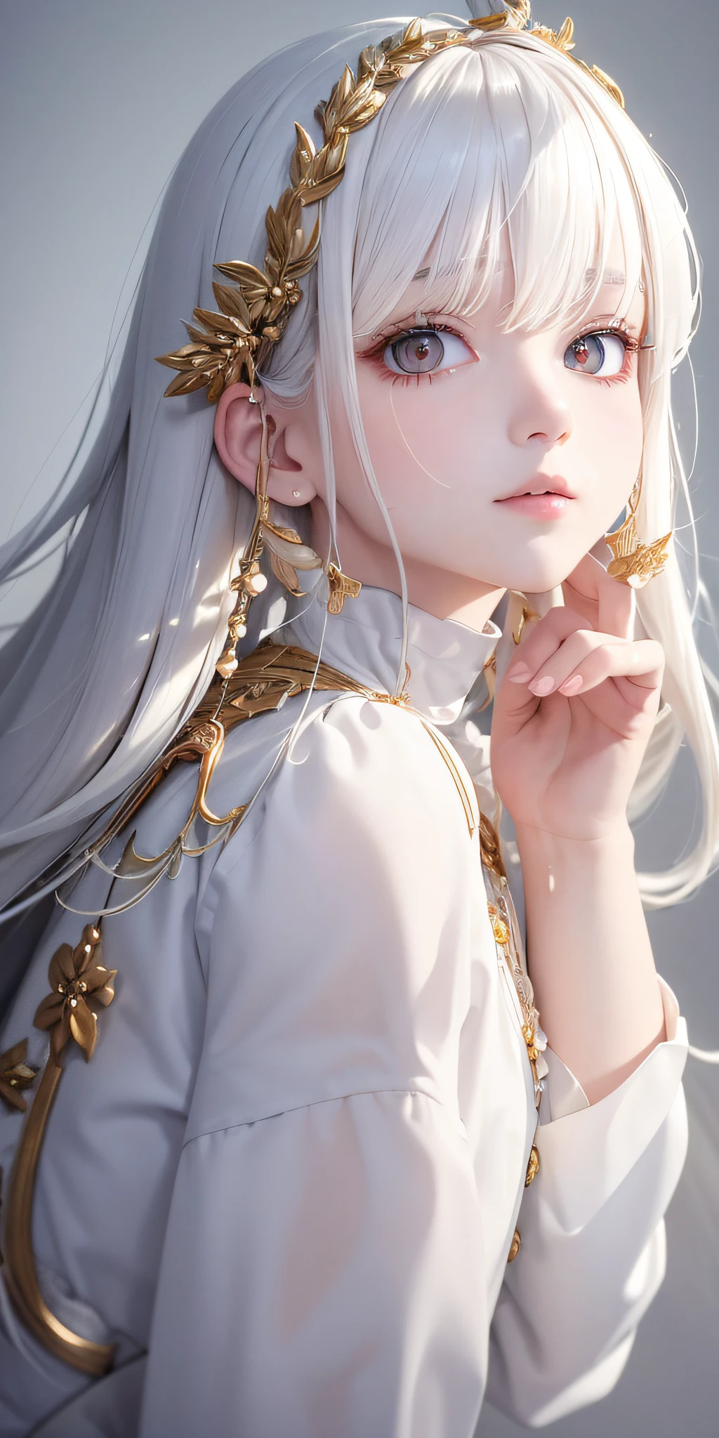 best quality, masterpiece,white hair, gold eyes,white clothes, looking up, upper body,hair strand,Fair skin,side braids