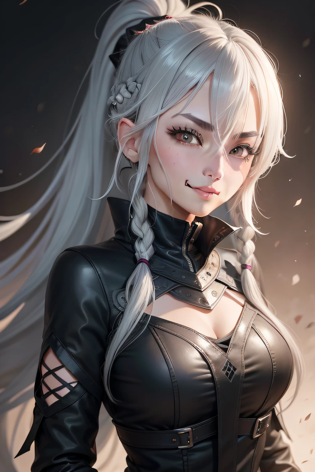 grey hair, bangs, ahoge, long hair, ponytail, very long hair, single braid, mask removed, raised eyebrows, mismatched pupils, one eye closed, grin, fang out, fang, anime, Romanticism, Realism, chiaroscuro, 4K, high details, high quality