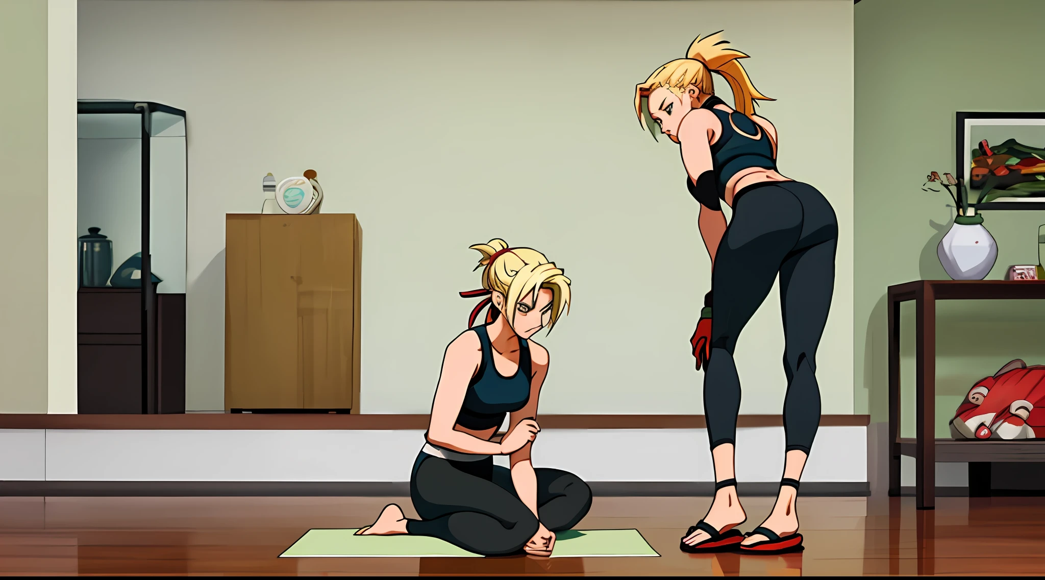 Naruto is tall and white, and Ino is dressed in a modern style in a home wearing tights and yoga pants, bending over and pulling his hair