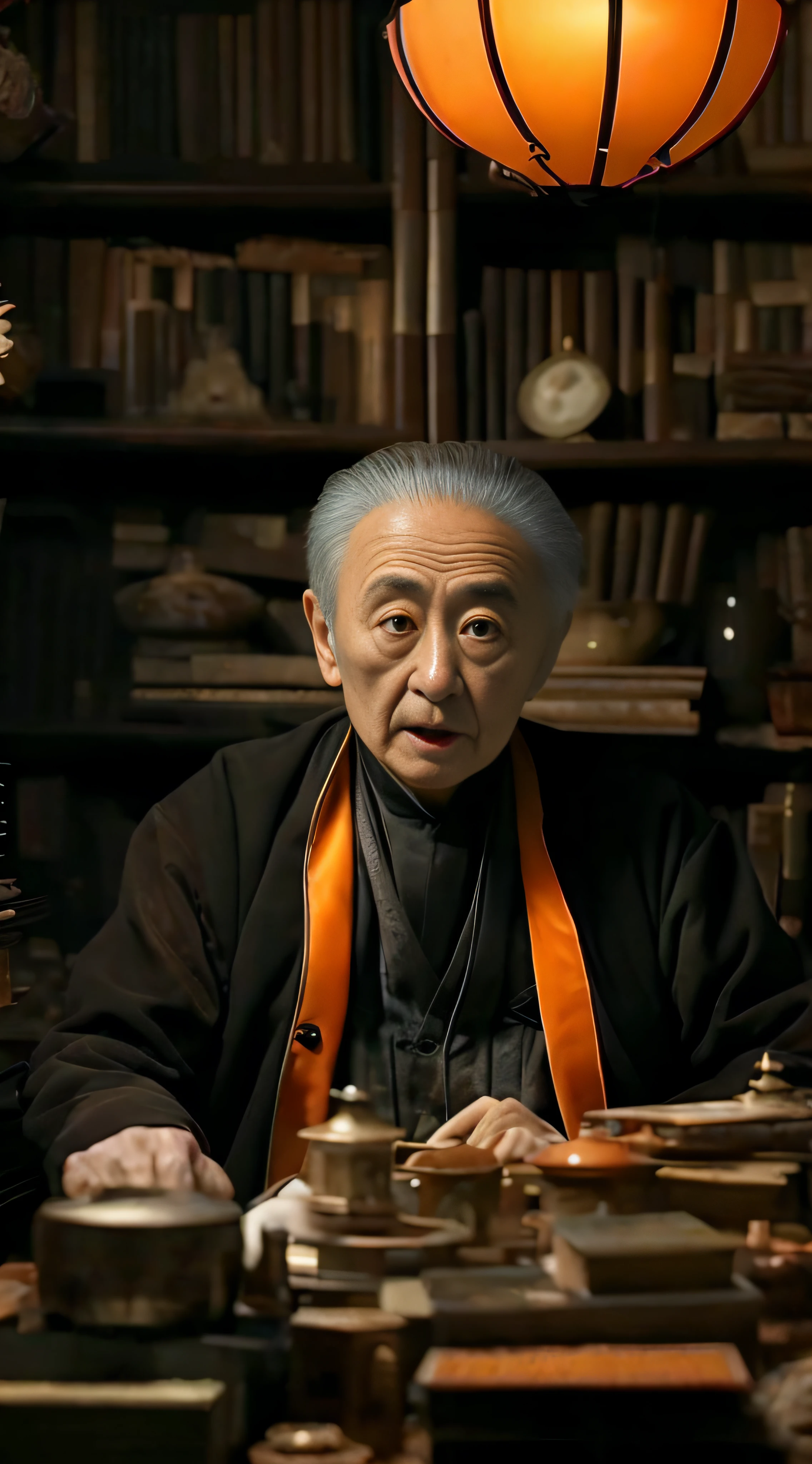 The Arafards sat at the table,There is a lamp overhead, amano yoshitaka, ryohji hase, Taoist, ishirō honda, tatsuyuki tanaka hd, masakazu katsura, yoshiyuki sadamoto, zhang daqian, Taoist master, inspired by Wu Daozi, Leiji Matsumoto
