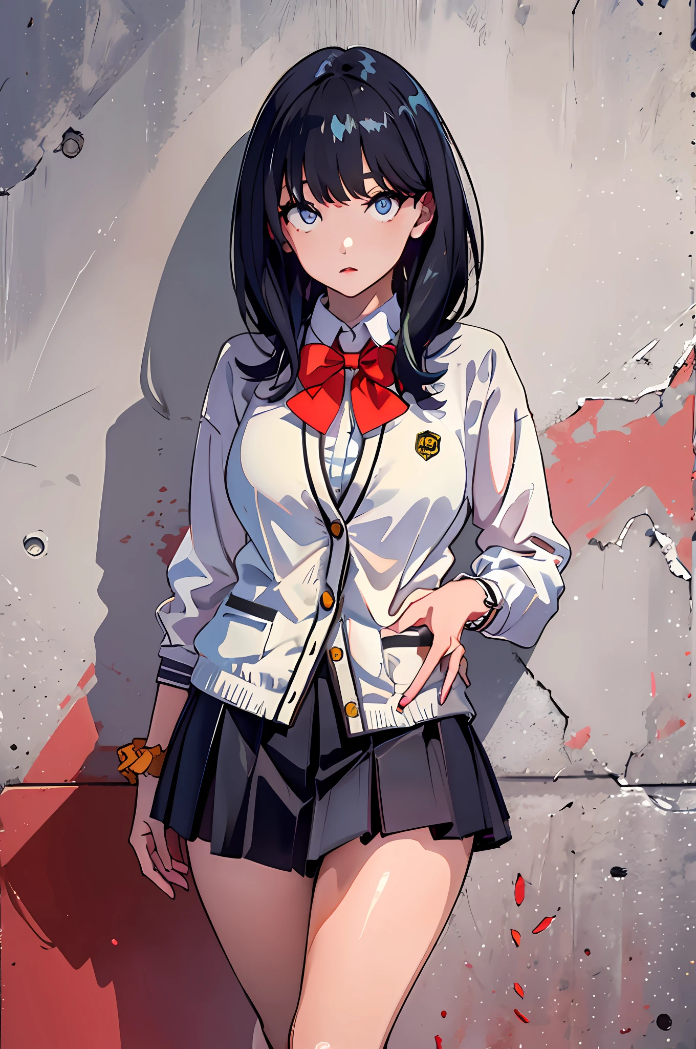 masterpiece, best quality, highres, takarada rikka, rikka1, 1girl, takarada rikka, black hair, solo, blue eyes, wrist scrunchie, long hair, red socks, school uniform, black skirt, bangs, pleated skirt, orange scrunchie, red bow, white cardigan, long sleeves, bowtie, loafers, white shirt, miniskirt, white sweater, large breasts.