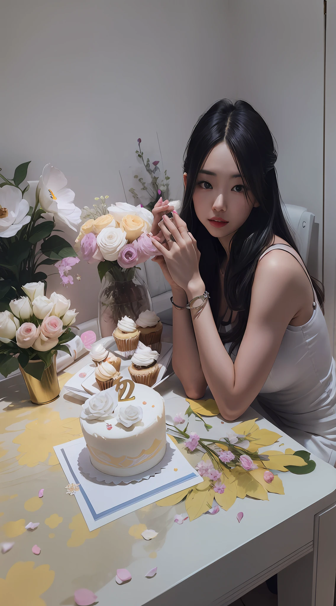 There was a woman sitting at the table,Holding cake and cupcakes, wenfei ye, Range Murata and Artgerm, taken with canon eos 5 d mark iv, Photo taken with Nikon D 7 5 0, Photo taken with Nikon D750, lulu chen, Zhang Jingna, Ruan Jia and Artgerm, author:ayami kojima