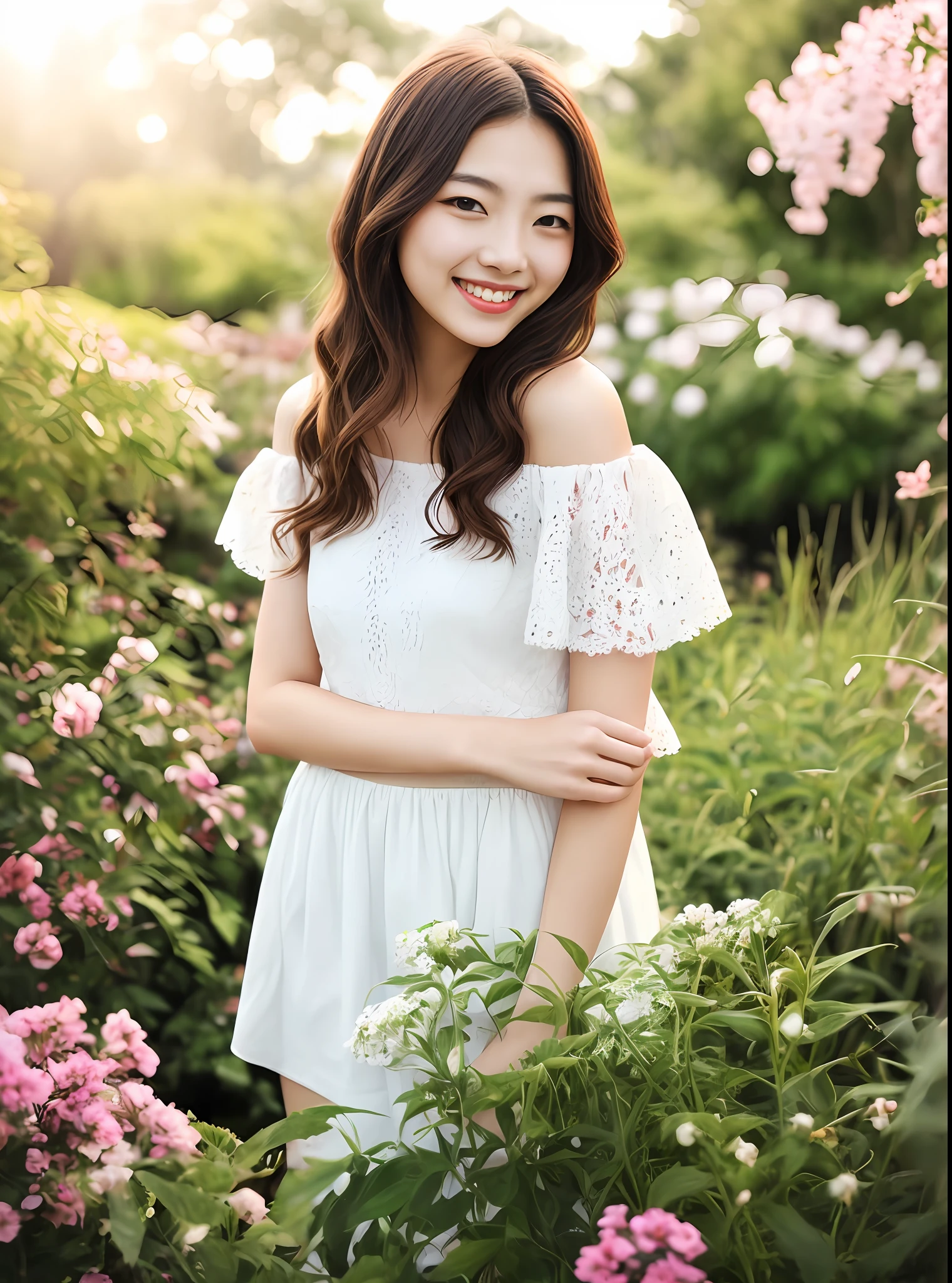 cropped shoulders，Beautuful Women，Glowing smile，真实感，4k画质，long whitr hair，Sick，trpical garden，Delicate facial features