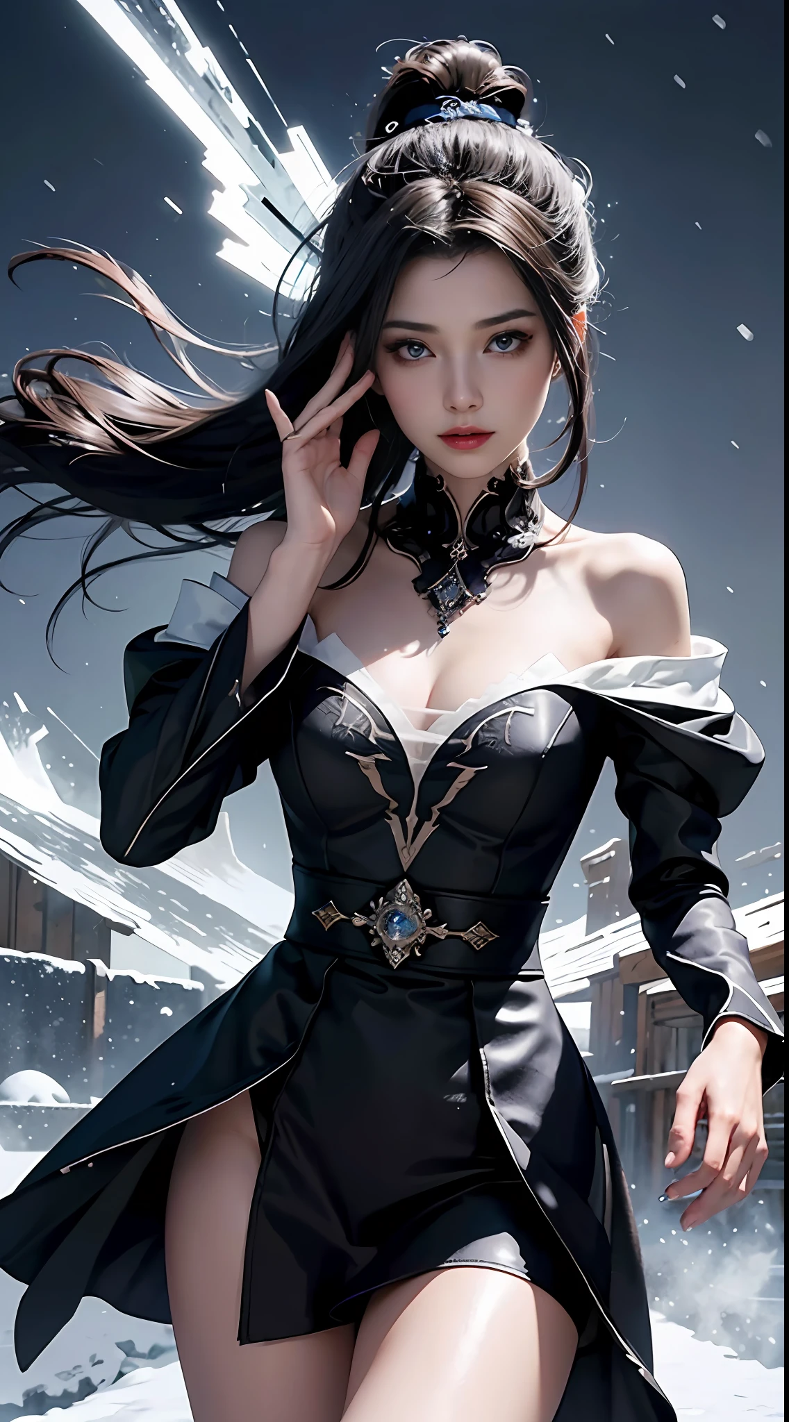 official art, Unity 8k wallpaper, a girl, most beautiful, medium breath, detailed fingers, crystallized clothes, color, black color, royal design, realistic detailed eye, dim lightning, snow falling, feeling romancing, whole body capture,