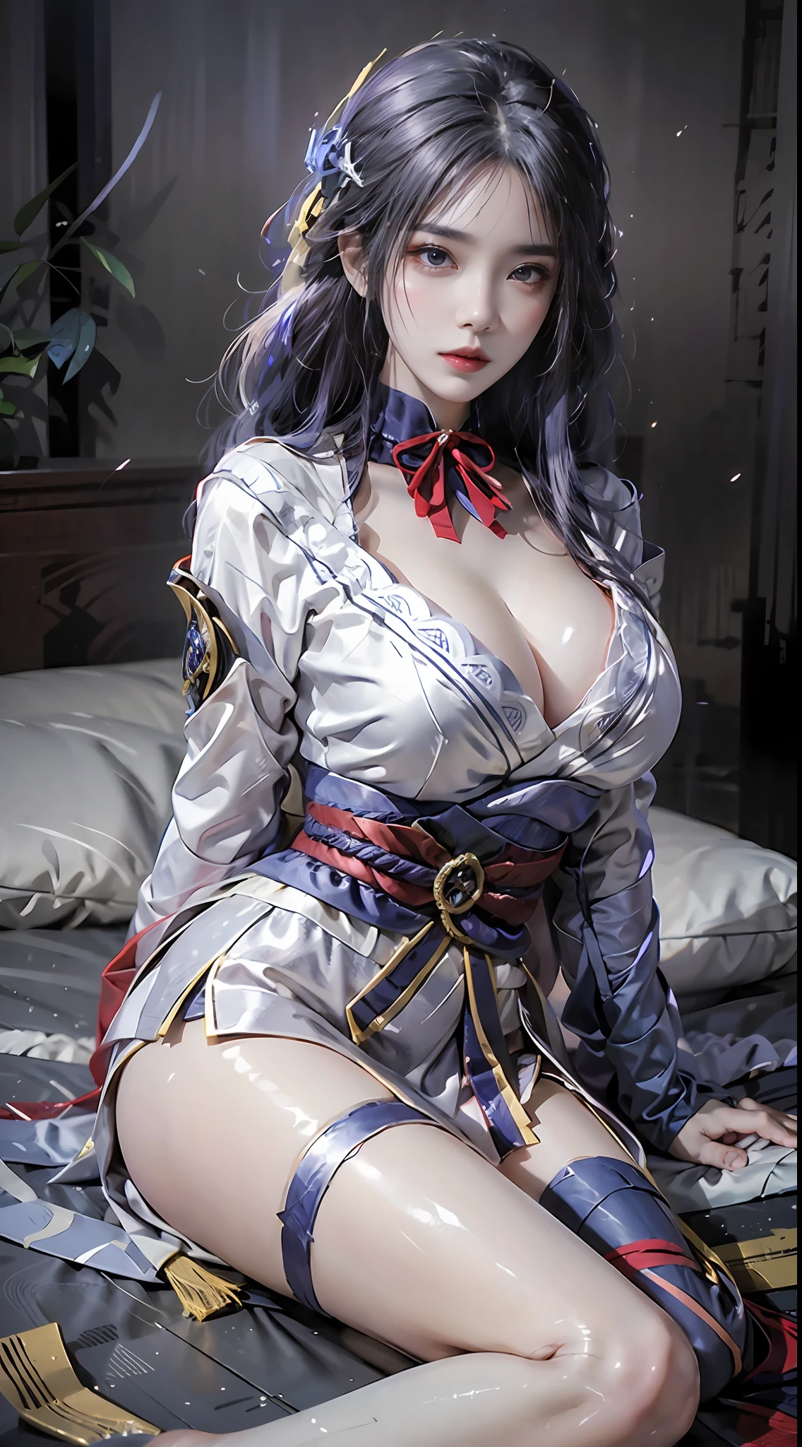 Photographic-grade high resolution,long white hair,Beautiful eyes,Huge breasts,Raiden General costume,Lie down in bed,Put your hands behind your head