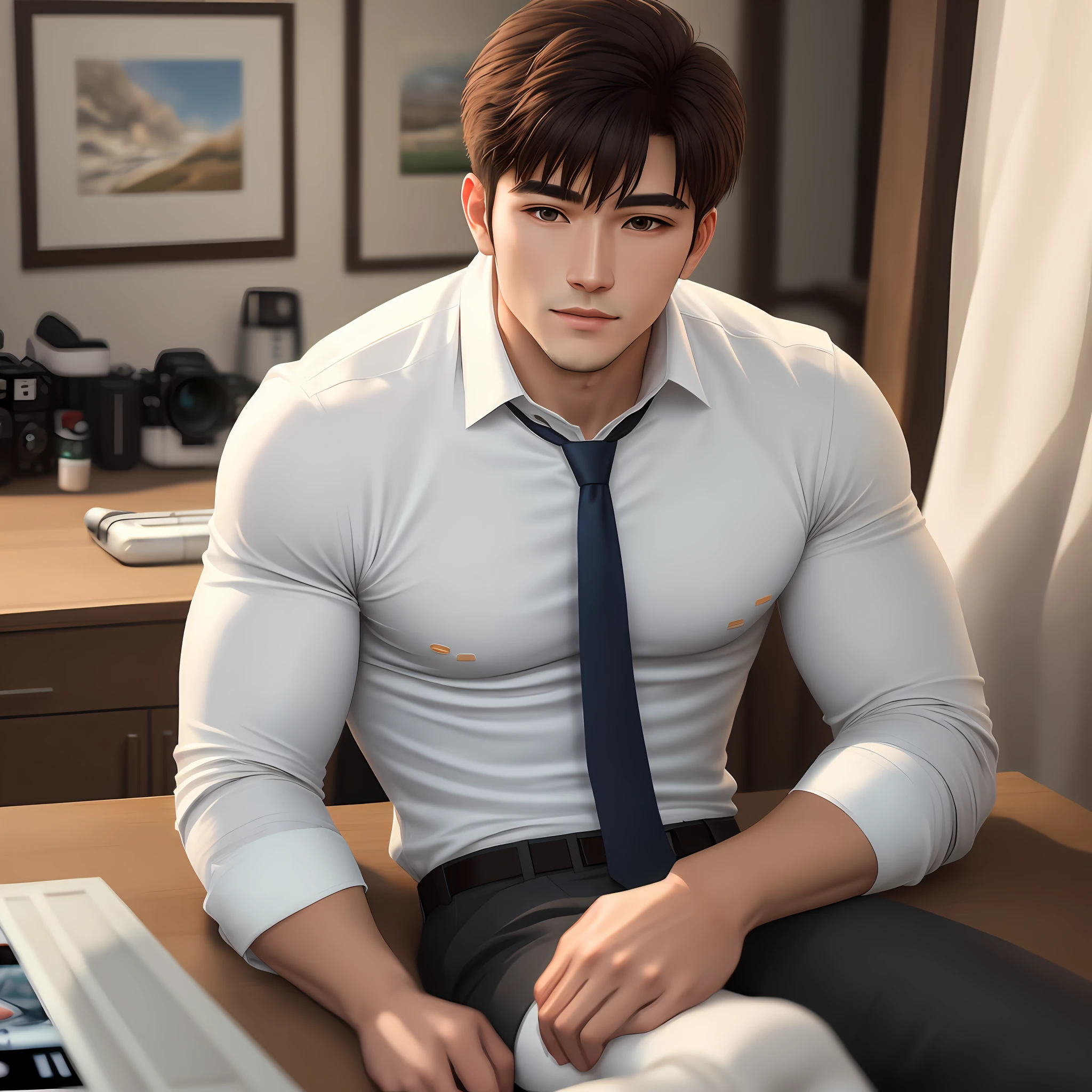 1man，A muscular man，Youthful，wearing long-sleeve white shirt，With a tie，Wear white socks，full bodyesbian，gentlesoftlighting，tmasterpiece，best qualtiy，8k uhd，digital SLR camera，filmgrain，Fujifilm XT3 Realistic painting art