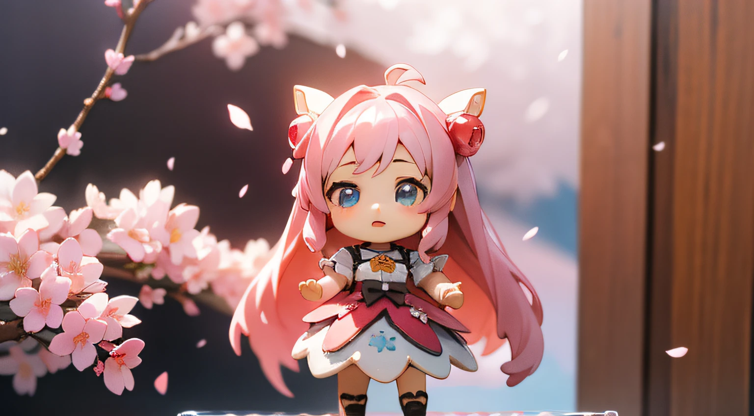 Doll standing in front of the painting、bionde、Surprised face、Sengai、pixiv、rokoko、dollfie dream、watercolor Nendoroid、(High Definition Figure)、flowing sakura-colored silk、nendroid、highly_Detailed!!,Cherry blossom petals、Flowing cherry blossom silk、season!!: 🌸 ☀ 🍂 ❄