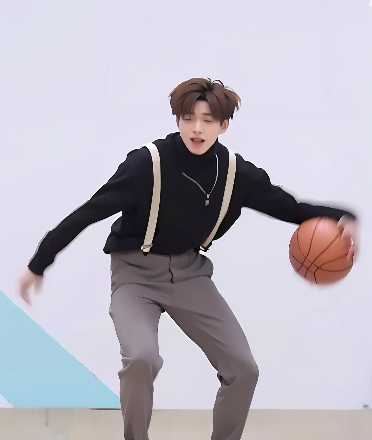 A man wearing a suspender,Playing basketball,Inspired by Cai Xukun,He has a smart dance and short brown curls。There was vibrant air around him,Happy and wise。His body is elastic,Struggling to play basketball,Shows a tendency to dribble。