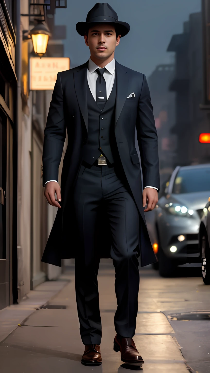 photo of (MCHasDex:0.99), a man as a detective, (walking down a street at night), (holstered gun), modelshoot style, (extremely detailed CG unity 8k wallpaper), photo of the most beautiful artwork in the world, professional majestic oil painting by Ed Blinkey, Atey Ghailan, Studio Ghibli, by Jeremy Mann, Greg Manchess, Antonio Moro, trending on ArtStation, trending on CGSociety, Intricate, High Detail, Sharp focus, dramatic, photorealistic painting art by midjourney and greg rutkowski, (wearing a fedora:1.1), (looking at viewer), (detailed pupils:1.3), closeup
