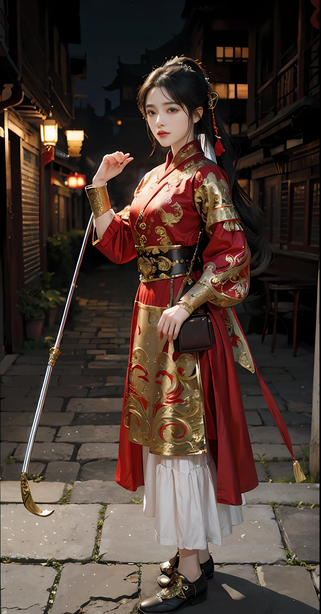 Feiyu_clothes， red-fabric， gold embroidery， Gold embroidered black bracer， high ponytails， depth of fields， night cityscape， 1girll， ulzzang-6500v1.1， （Original： 1.2）， （Realistis： 1.3） ， beautiful girl with beautiful details， extremelydetailedeyesandface， Eyes with beautiful details， absurderes， Incredibly Ridiculous res， hugefilesize， Hyper-detailing， A high resolution， ultra - detailed， best qualtiy， tmasterpiece， illustration， Ultra detailed and beautiful， ultra - detailed， CG， Solidarity， 8k 壁纸， astounding， finedetail， tmasterpiece， top-quality， offcial art， Extremely detailed Cg Unity 8K wallpaper， cinmatic lighting， （Perfect shiny skin：0.6）， Slim and smooth lines， （floatking）， （little breast：1）， 耳Nipple Ring ， tmasterpiece， Best quality at best，Full body photo，