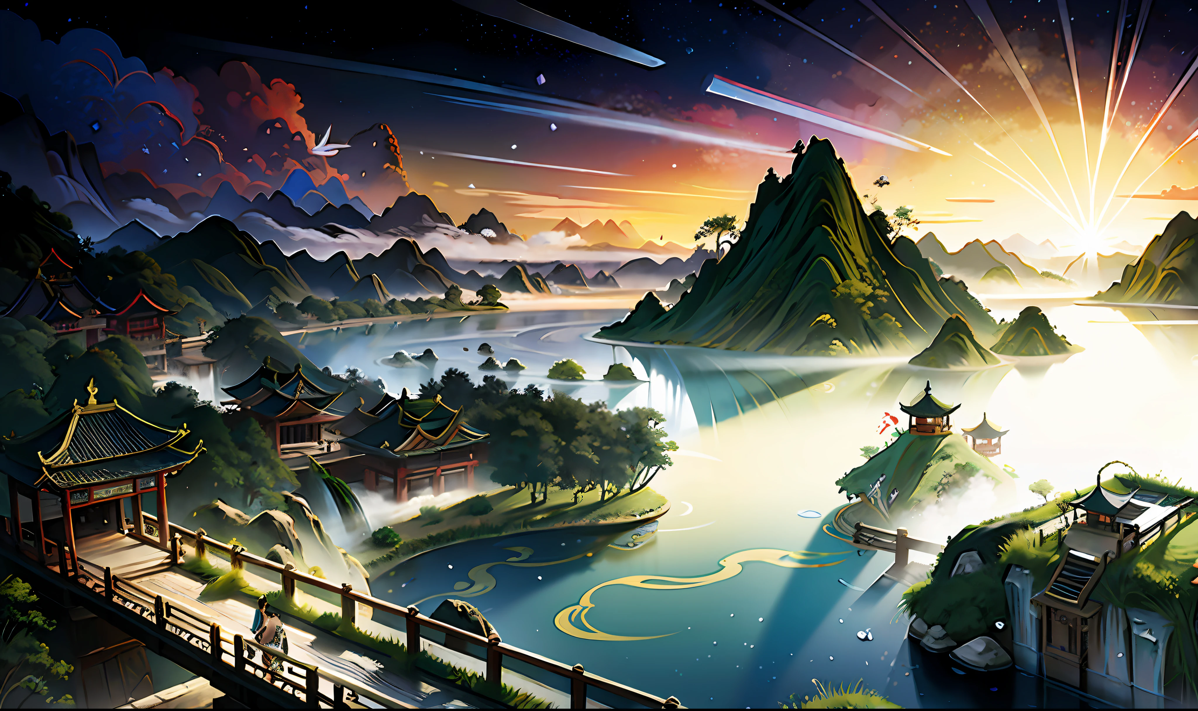 ancient chinese painting, ancient chinese background, mountains, rivers, auspicious clouds, sunlight, masterpiece, super detail, epic composition, ultra hd, high quality, extremely detailed, official art, unified 8k wallpaper, super detail, 16:9 32k -- v 6