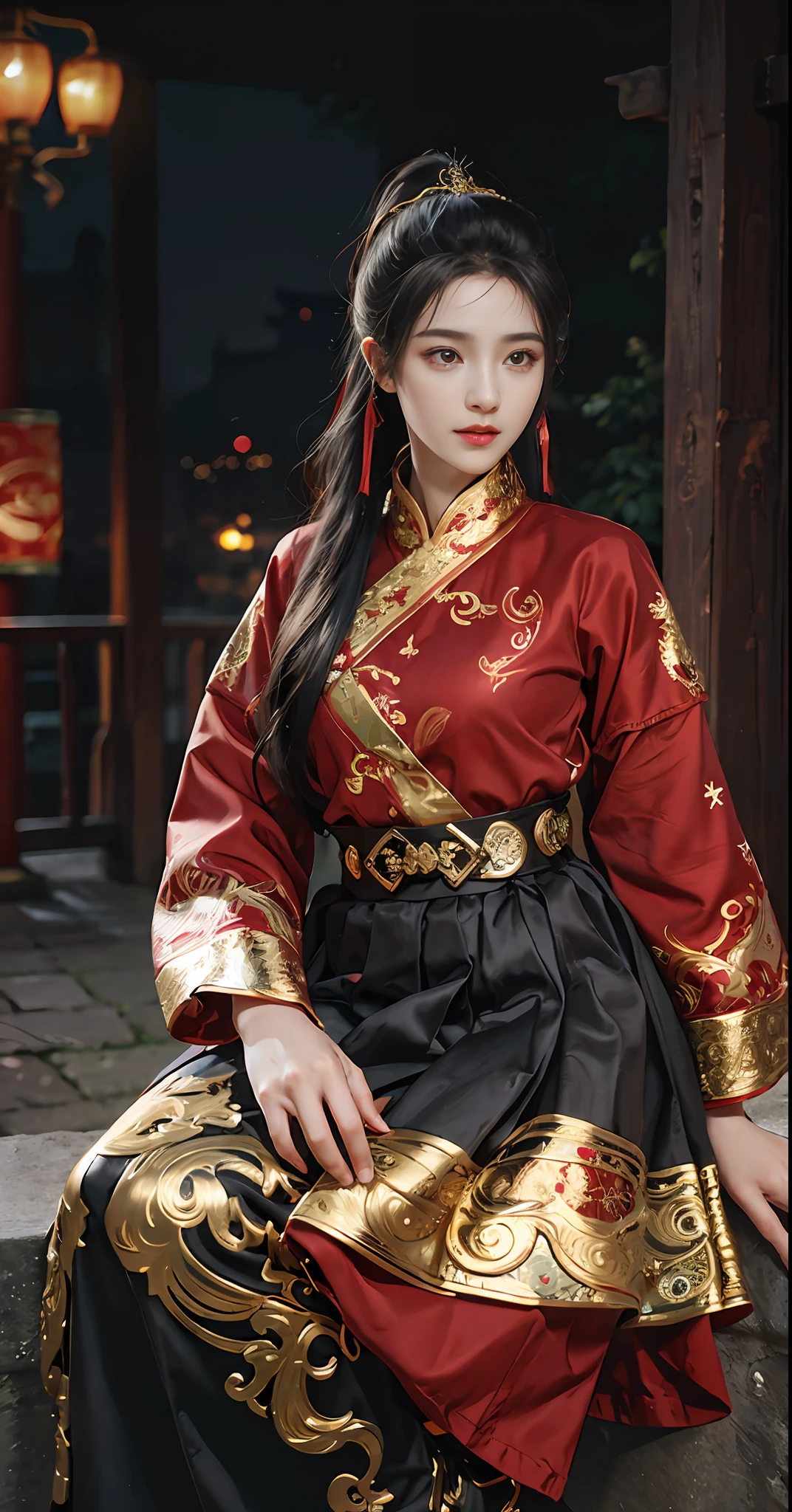 Feiyu_clothes， red-fabric， gold embroidery， Gold embroidered black bracer， high ponytails， depth of fields， night cityscape， 1girll， ulzzang-6500v1.1， （Original： 1.2）， （Realistis： 1.3） ， beautiful girl with beautiful details， extremelydetailedeyesandface， Eyes with beautiful details， absurderes， Incredibly Ridiculous res， hugefilesize， Hyper-detailing， A high resolution， ultra - detailed， best qualtiy， tmasterpiece， illustration， Ultra detailed and beautiful， ultra - detailed， CG， Solidarity， 8k 壁纸， astounding， finedetail， tmasterpiece， top-quality， offcial art， Extremely detailed Cg Unity 8K wallpaper， cinmatic lighting， （Perfect shiny skin：0.6）， Slim and smooth lines， （floatking）， （little breast：1）， 耳Nipple Ring ， tmasterpiece， Best quality at best，Full body photo，