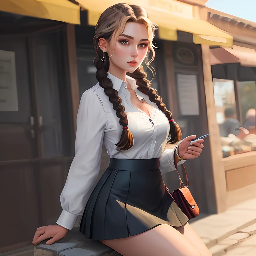 She wears two braids and wears a short skirt with a large chest