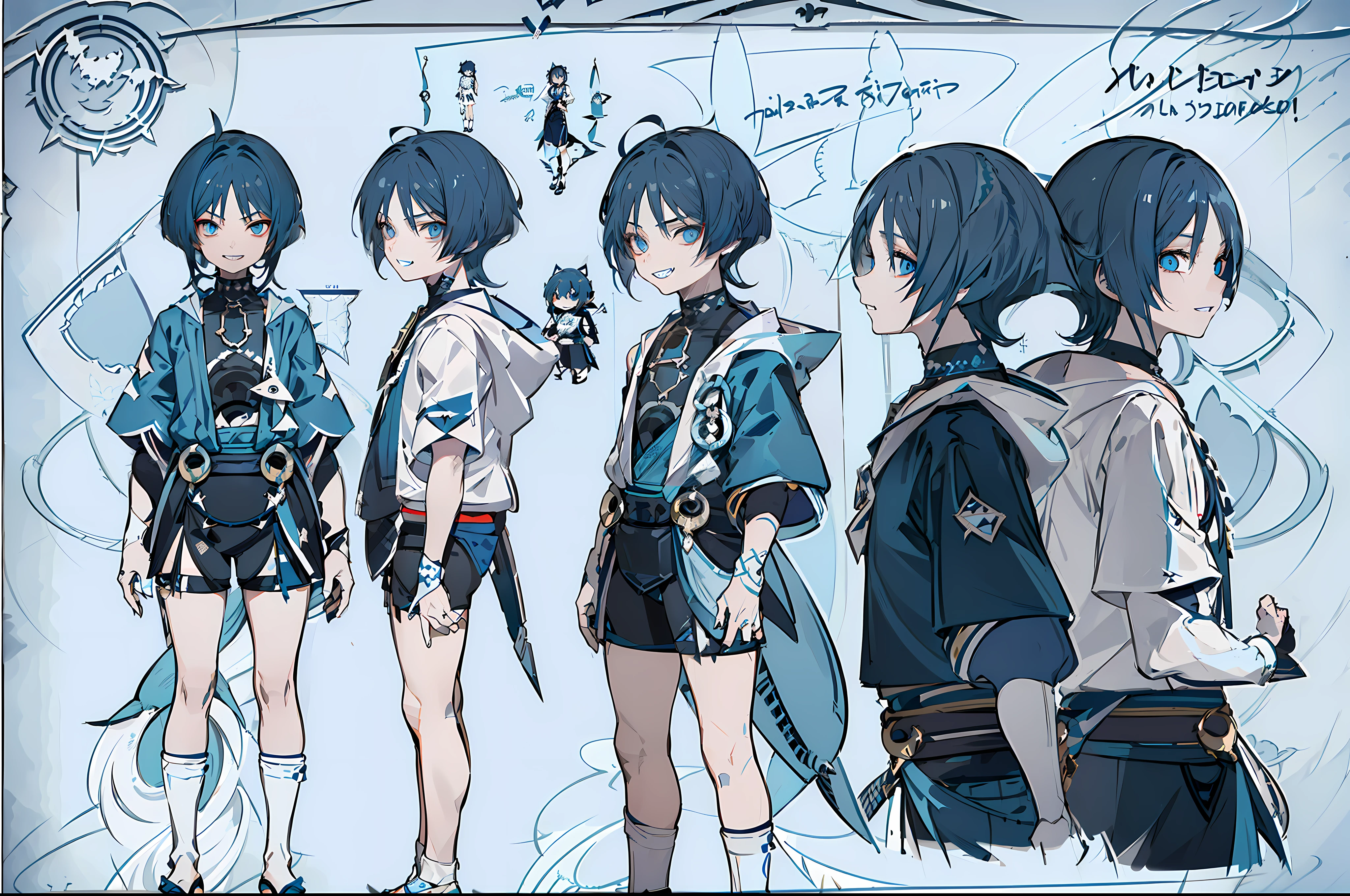 master-piece, hyper quality, hyper detailed, perfect drawing, 1boy, ((Hairstyle: Messy Japanese Round Haircut for Thick Hair)), ((blue hoodie)), ((shark tail)), ((Cute smile and sharp shark teeth), ((blue eyes)), ((blue hair,)) height 167cm, stand still, (character sheet:1.4), (concept art:1.4), fashionable
