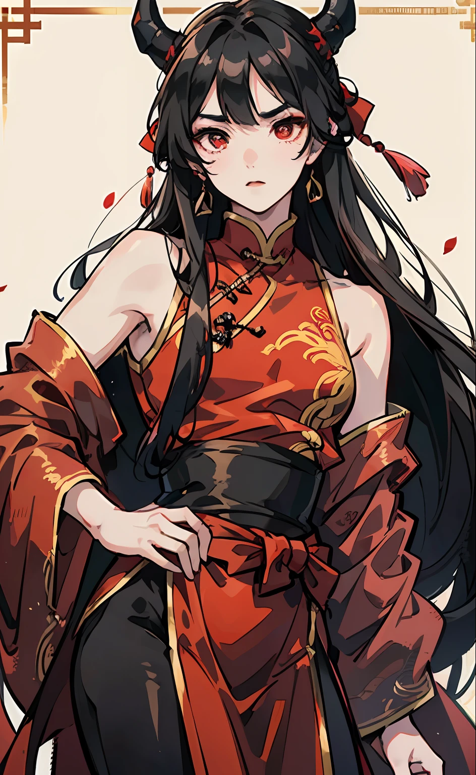 1 boy, Wear discreet Chinese antiques in red and black, loose-fitting clothing that is not tight, sword hanging by waist, long black hair and 1 half hair tied to the top of the head, red pupils, strong beautiful face, high bar temperament, Devilish charisma, long and pointed eyebrows, half a body